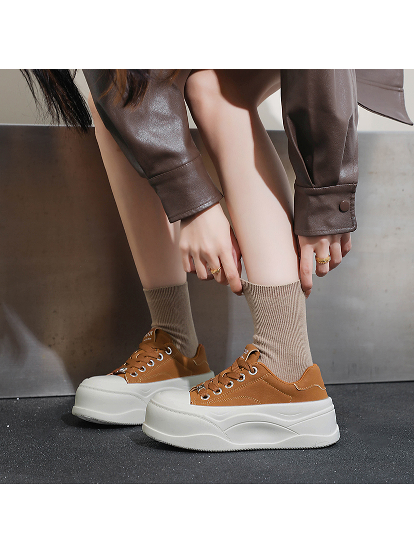 Tan Lace-Up Platform Sneakers