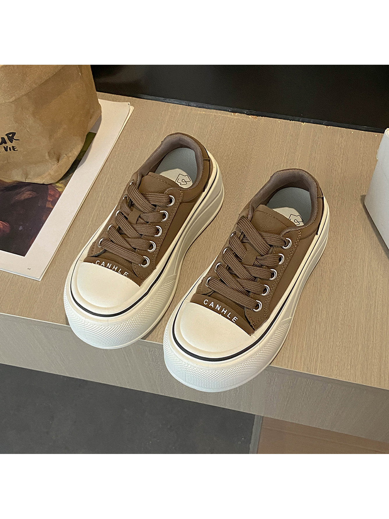 Brown Platform Lace-Up Sports Sneakers