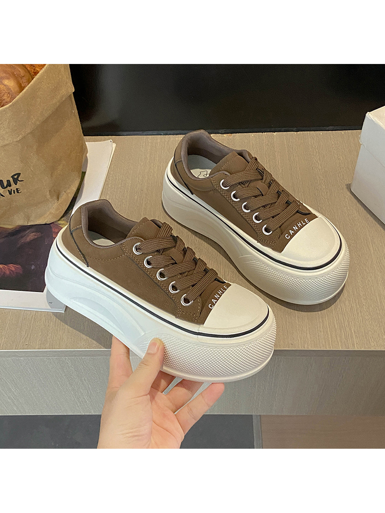 Brown Platform Lace-Up Sports Sneakers