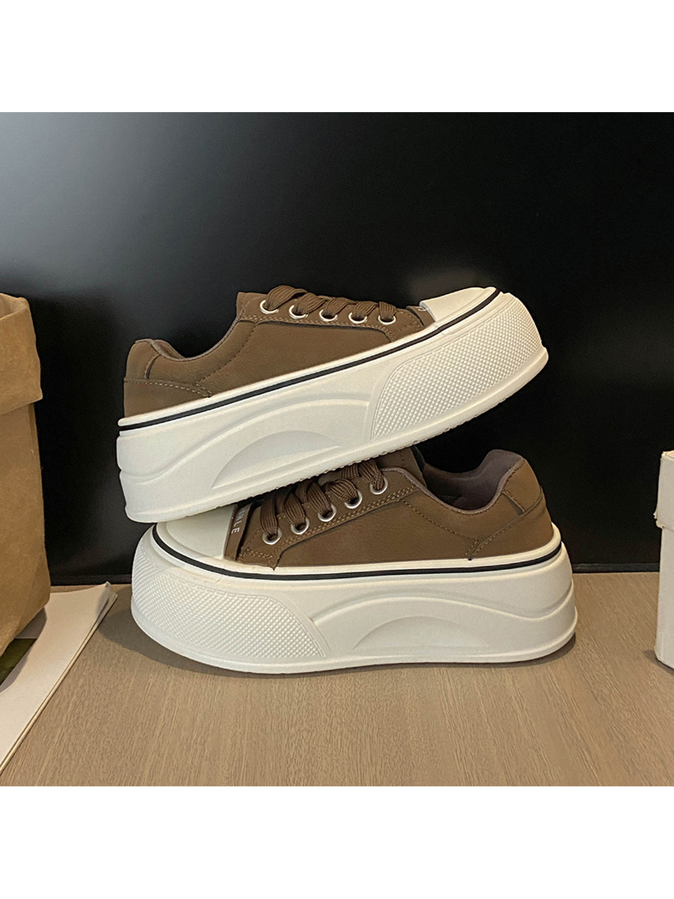 Brown Platform Lace-Up Sports Sneakers