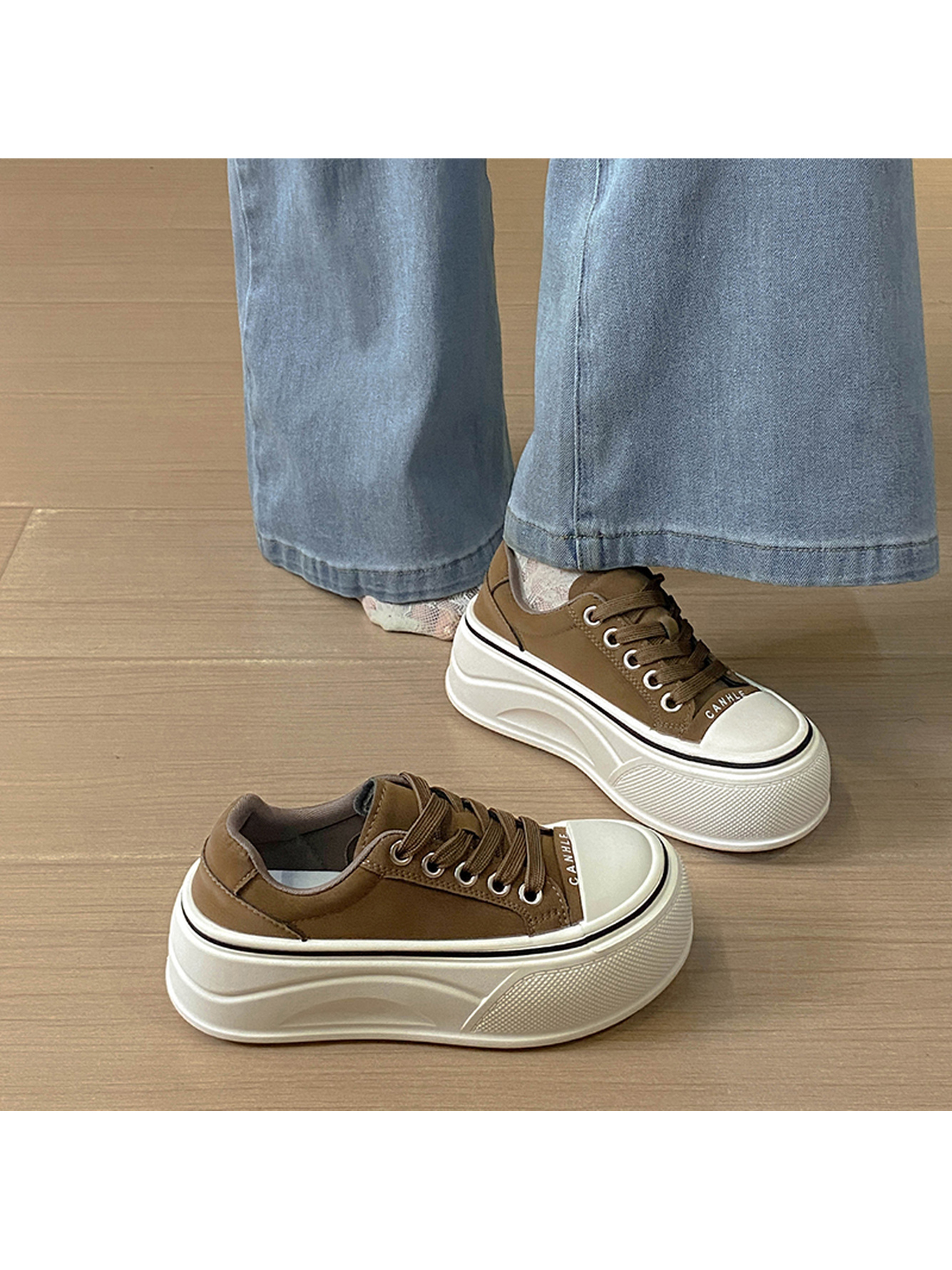 Brown Platform Lace-Up Sports Sneakers