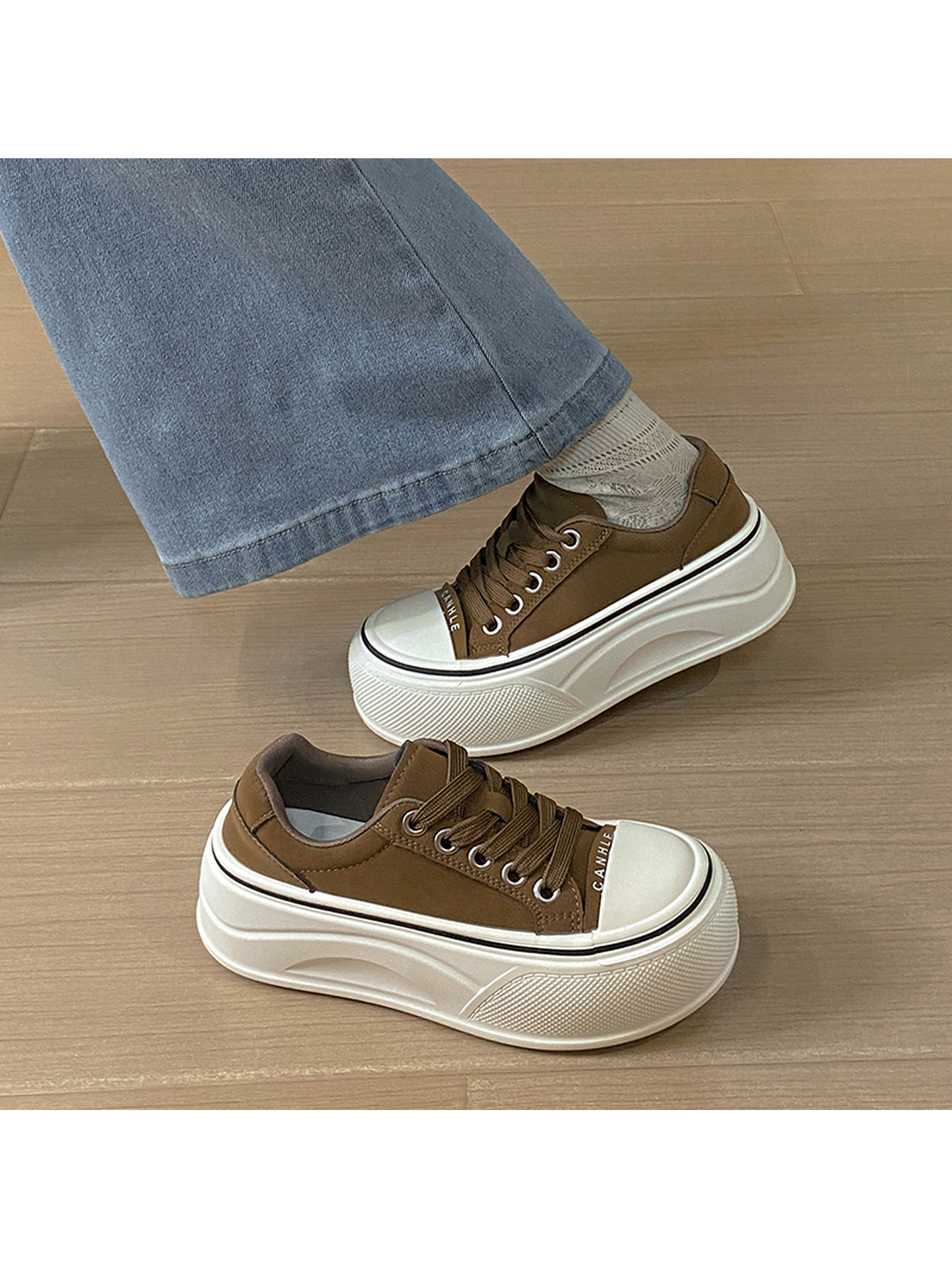 Brown Platform Lace-Up Sports Sneakers