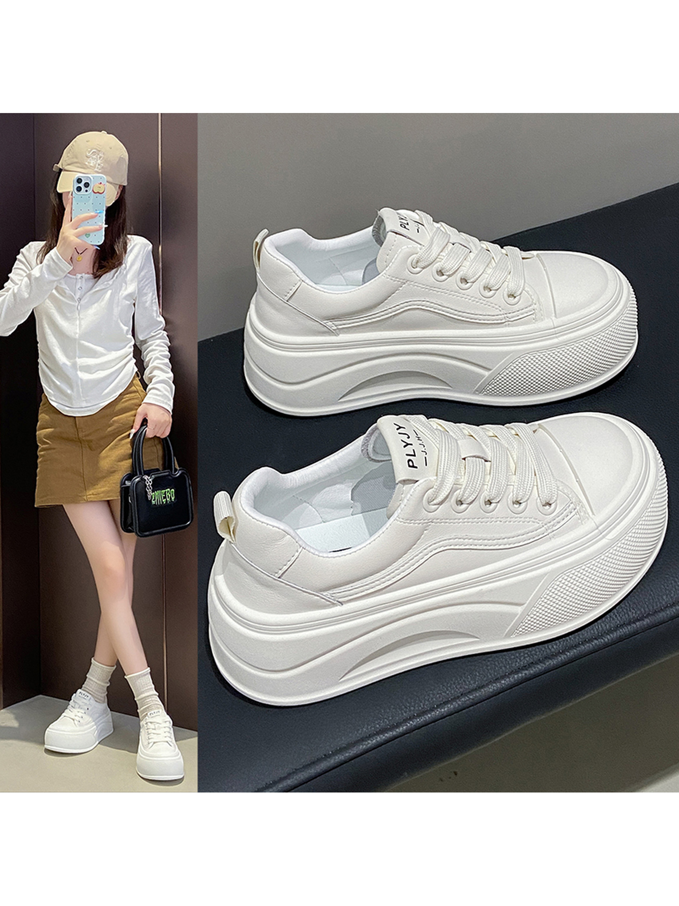 White Lace-Up Platform Sneakers
