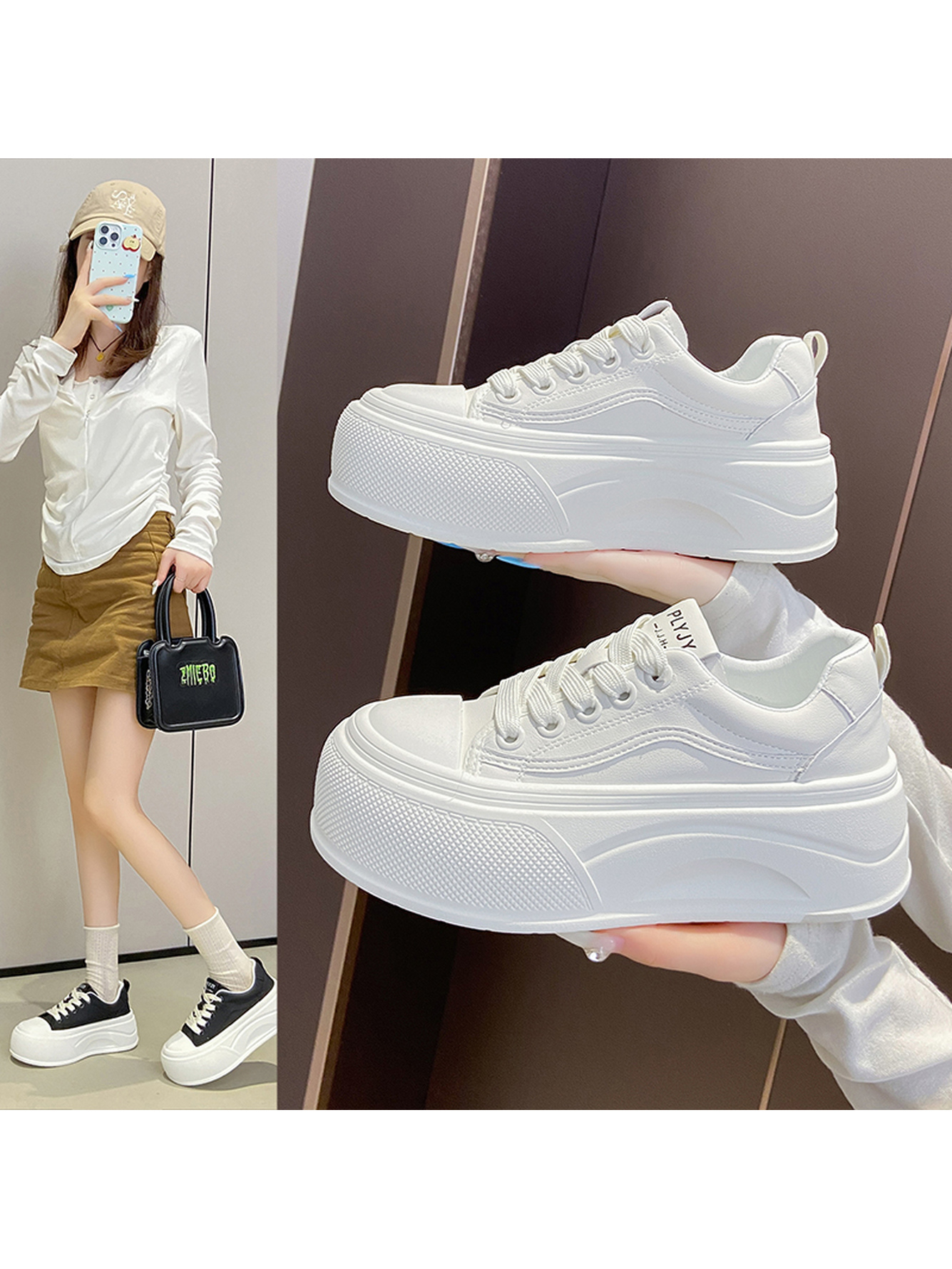White Lace-Up Platform Sneakers