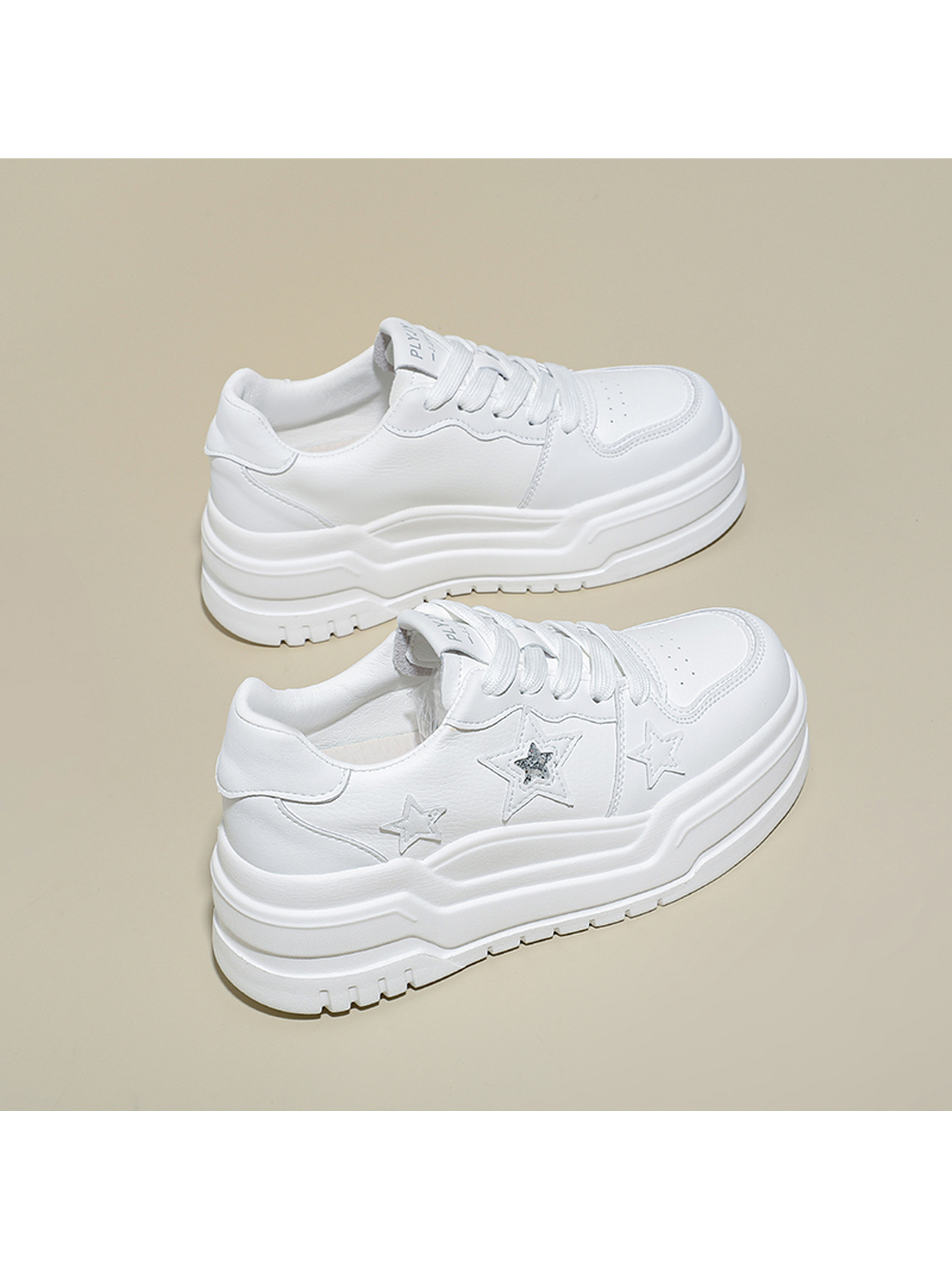 White PU Casual Sneakers with Star Embellishments