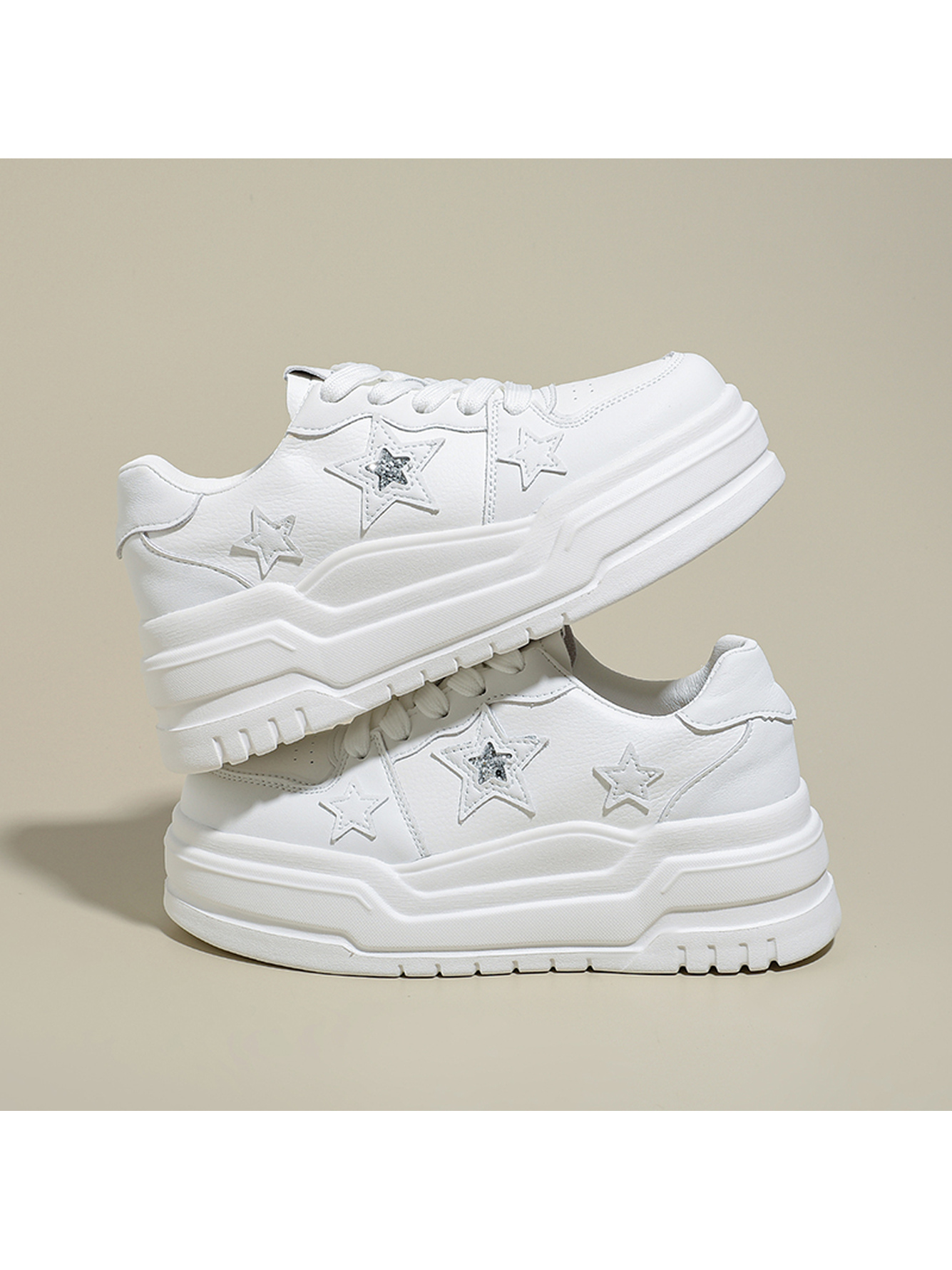 White PU Casual Sneakers with Star Embellishments