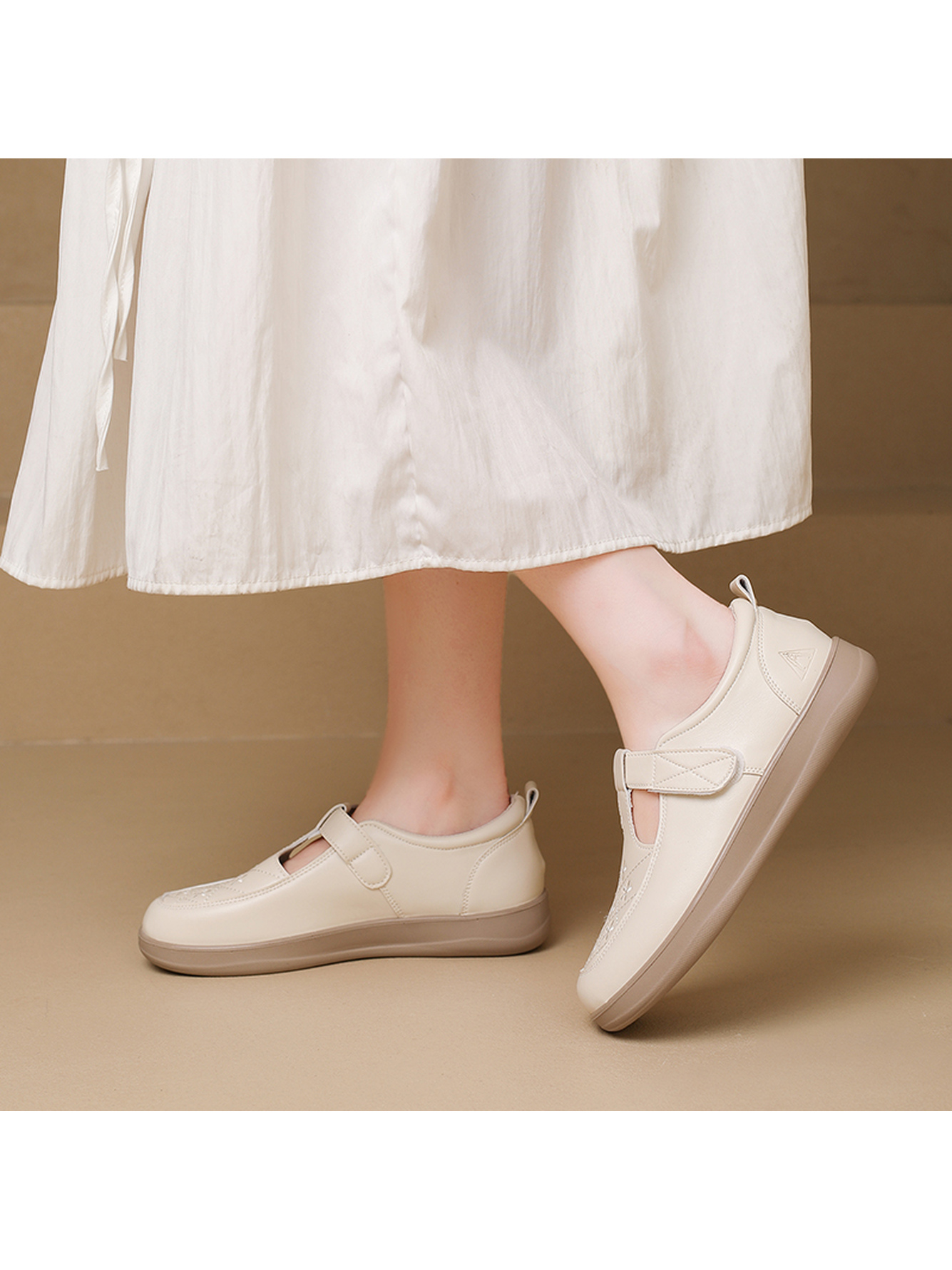 Beige Flats Faux Leather Casual Shoes