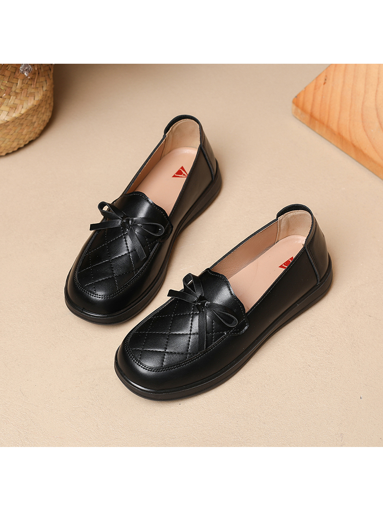 Black Quilted Bow Slip-On Flats