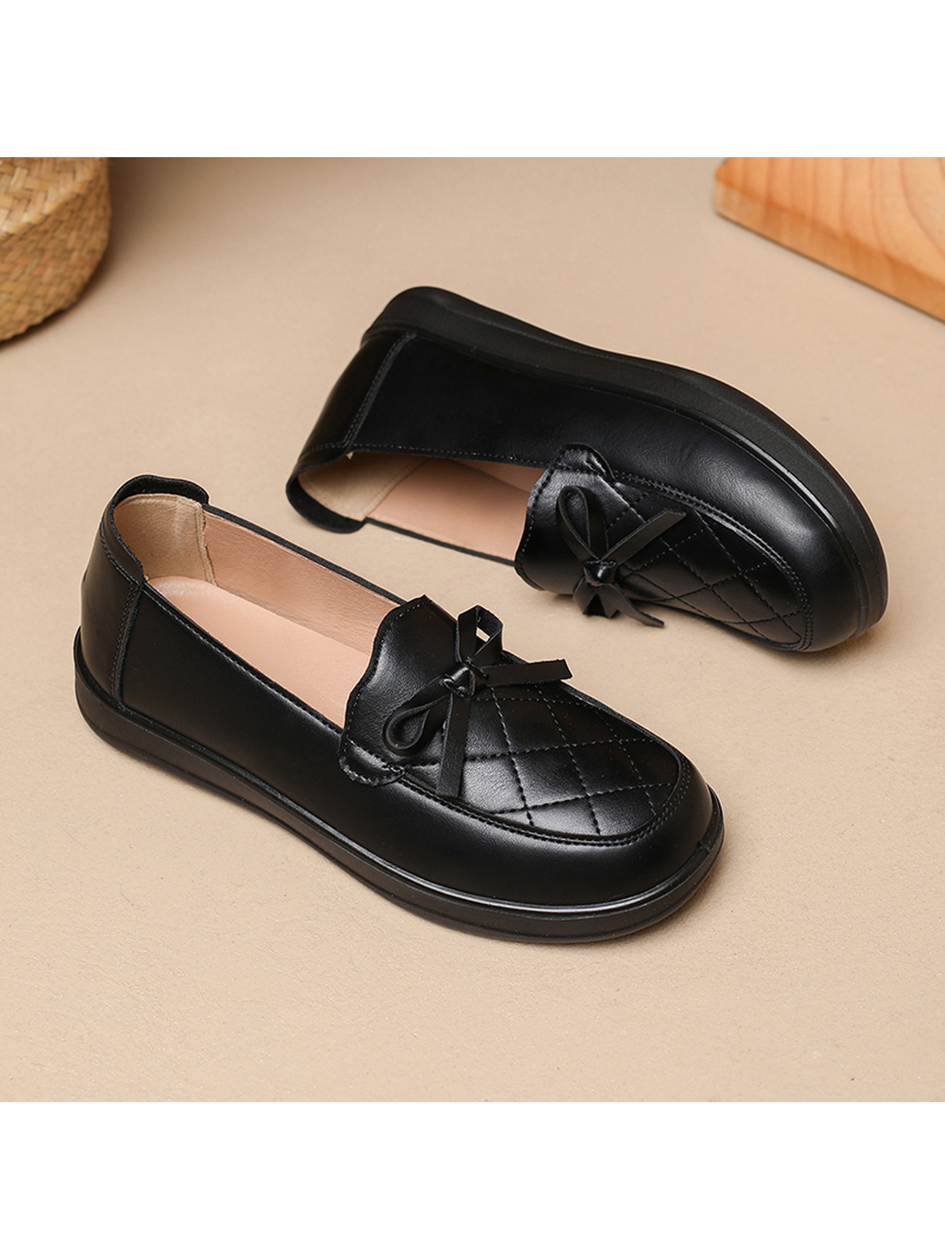 Black Quilted Bow Slip-On Flats