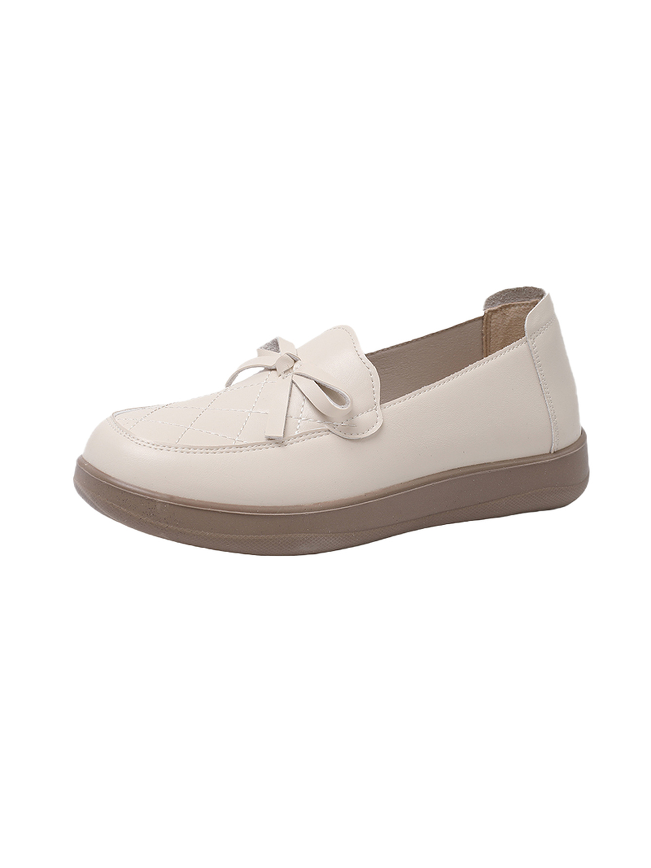Beige Flat Casual Loafers with Bow Detail