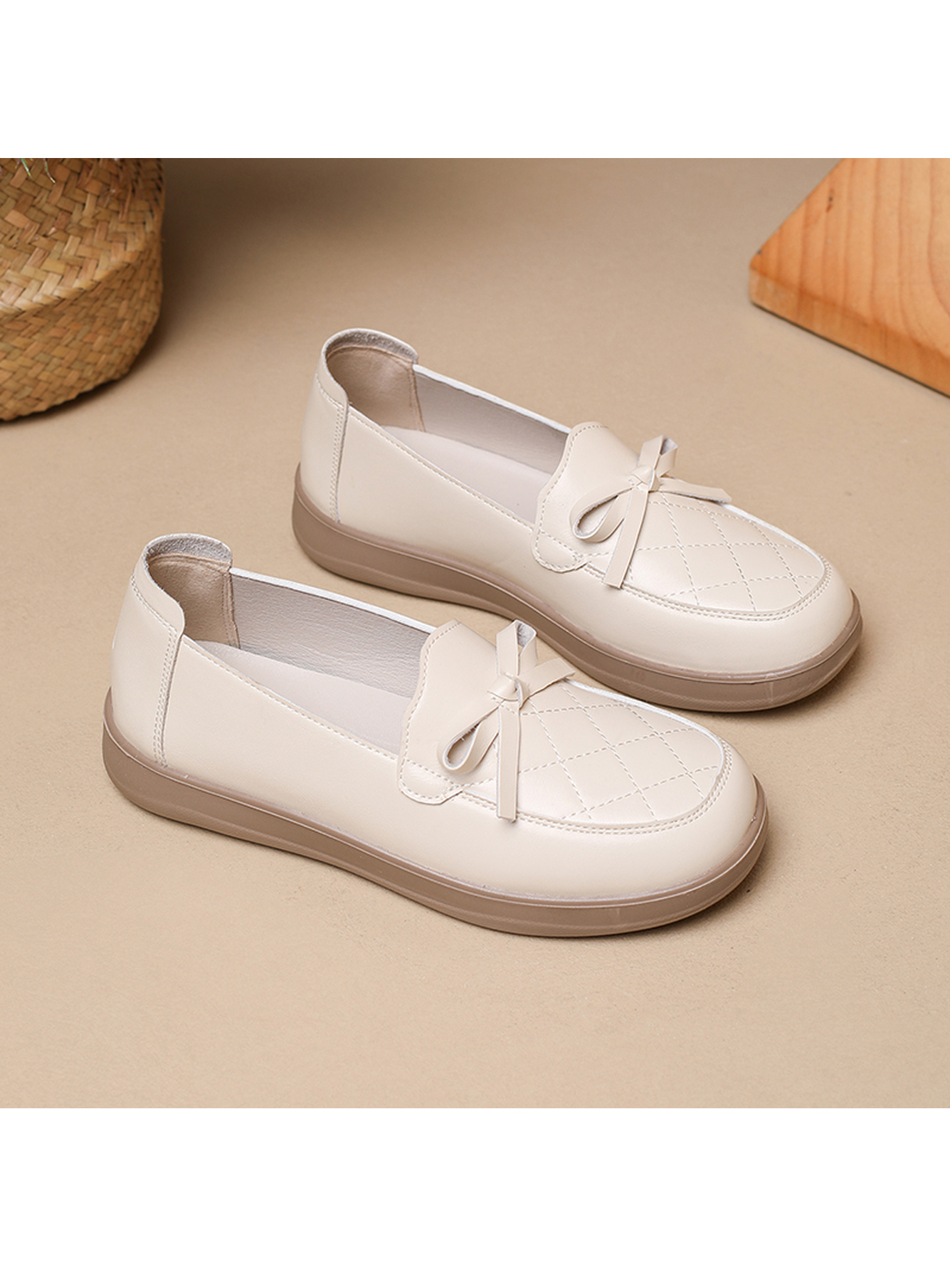 Beige Flat Casual Loafers with Bow Detail