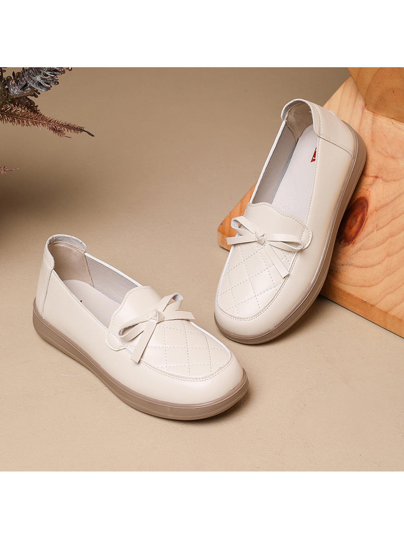 Beige Flat Casual Loafers with Bow Detail