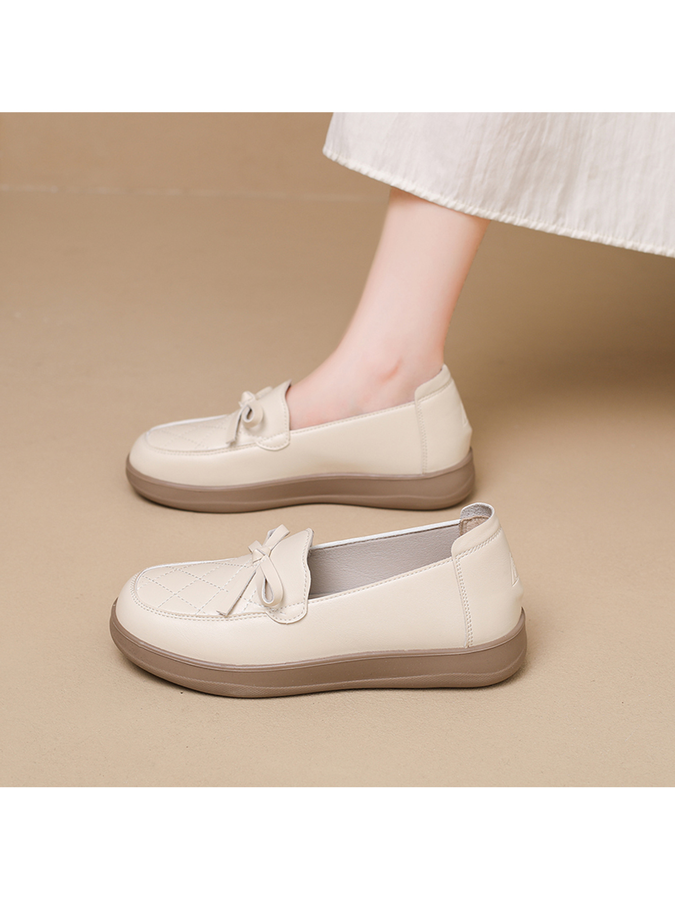 Beige Flat Casual Loafers with Bow Detail