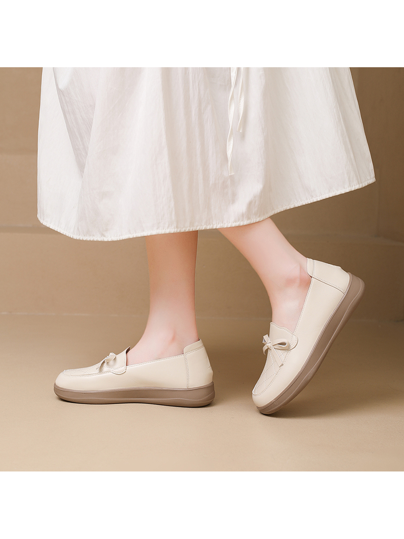 Beige Flat Casual Loafers with Bow Detail