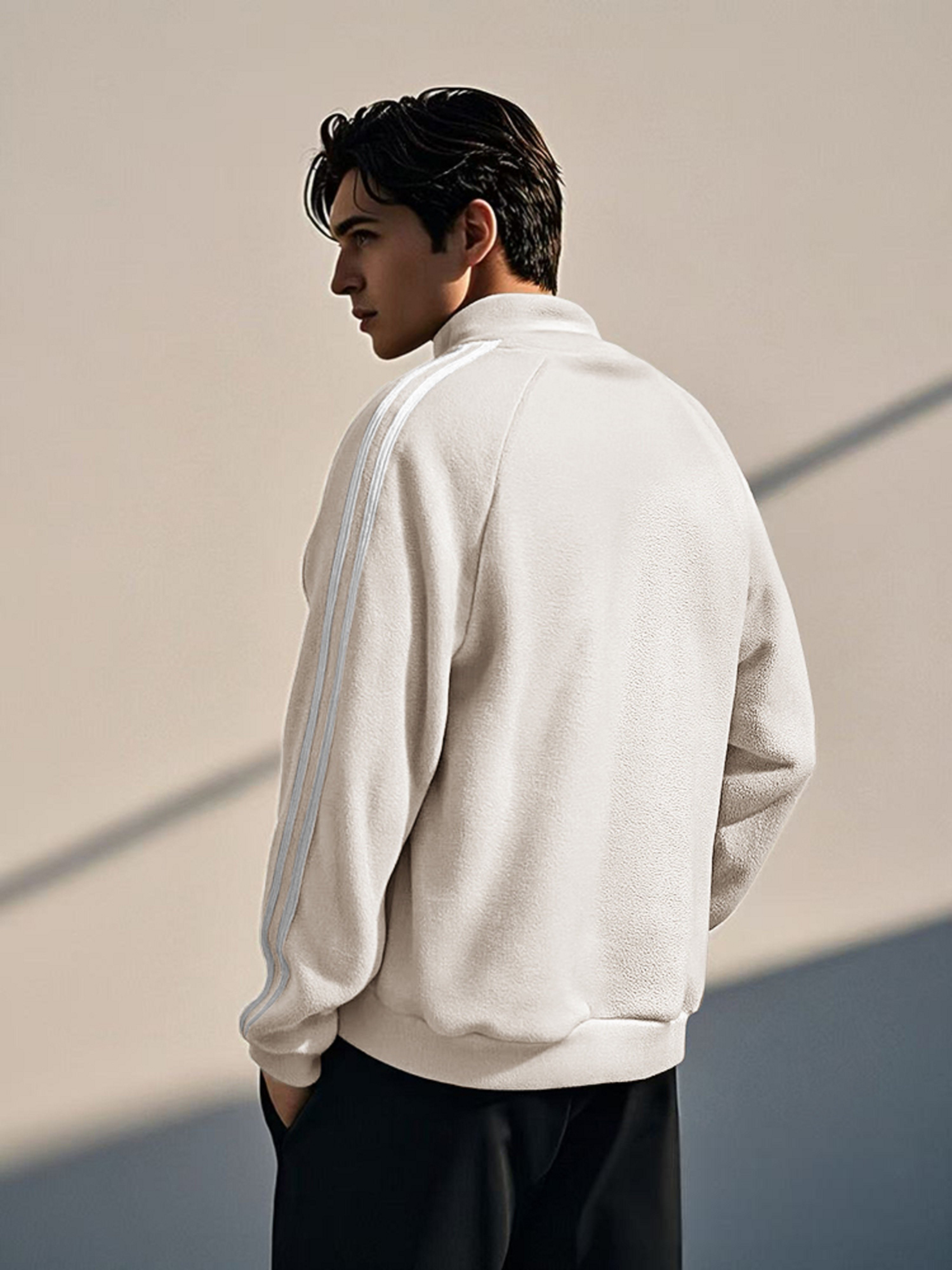 Beige Zip-Up Fleece Jacket with Side Stripes