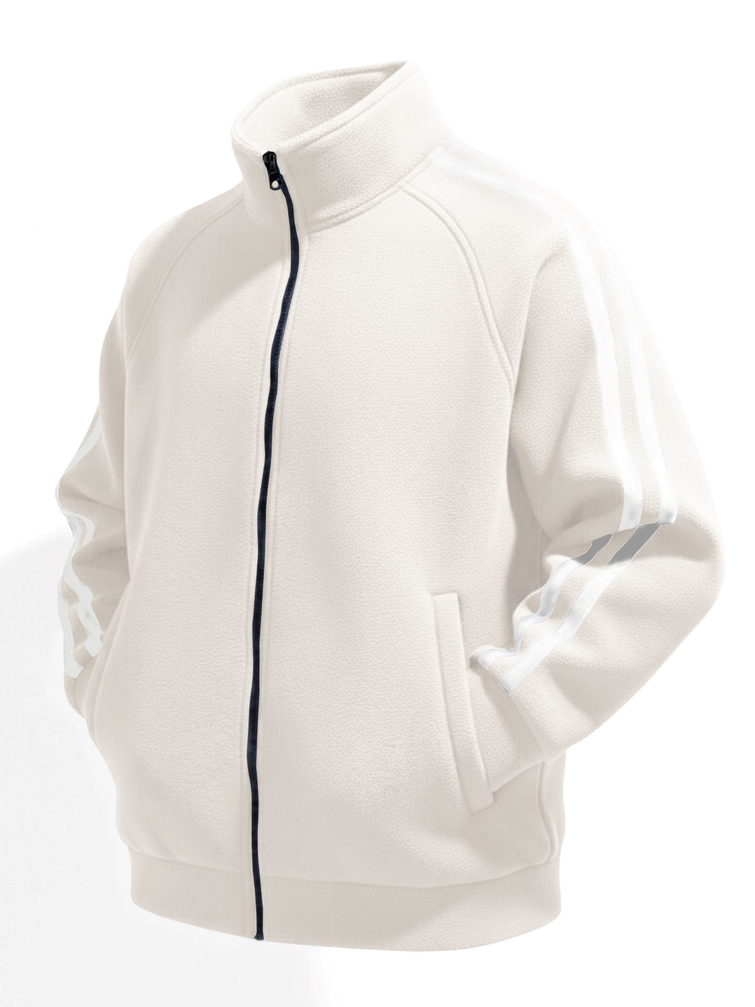 Beige Zip-Up Fleece Jacket with Side Stripes