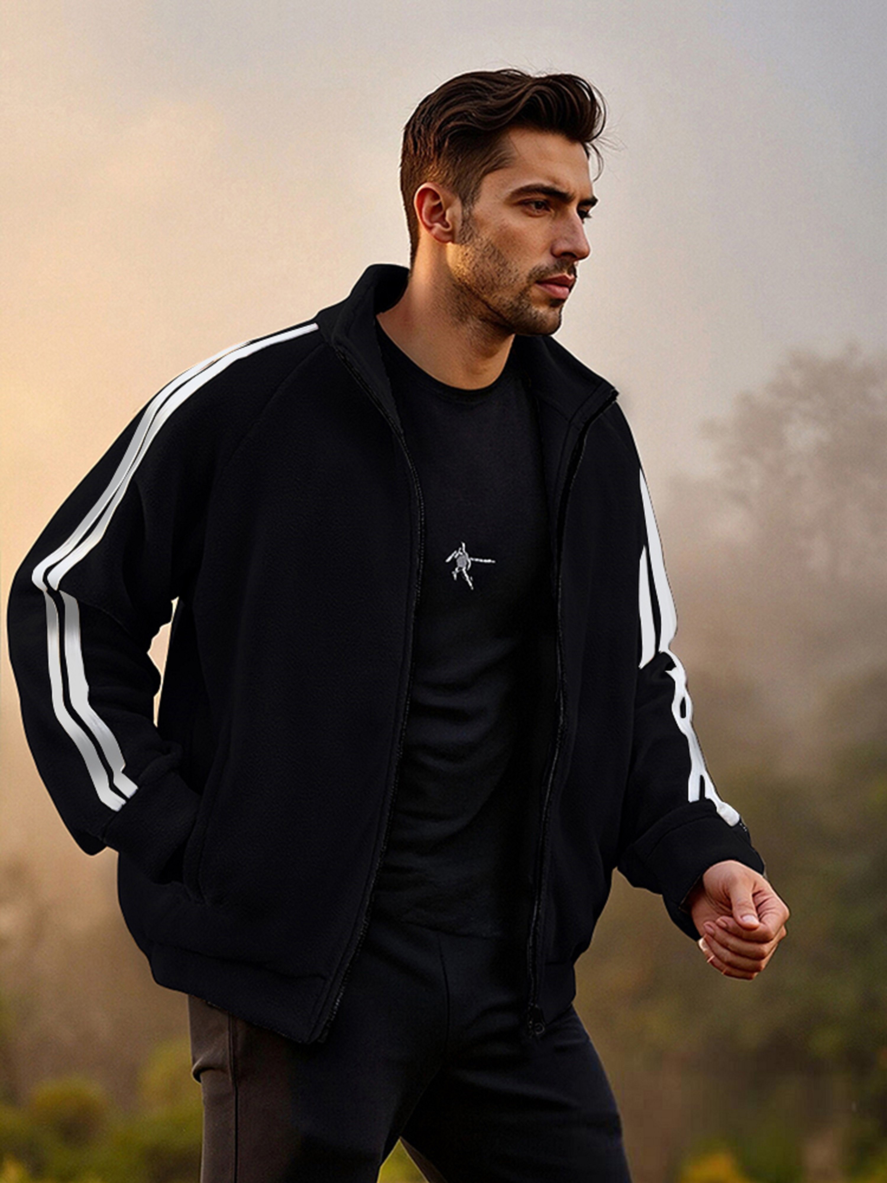 Black Zip-Up Fleece Jacket with Side Stripes