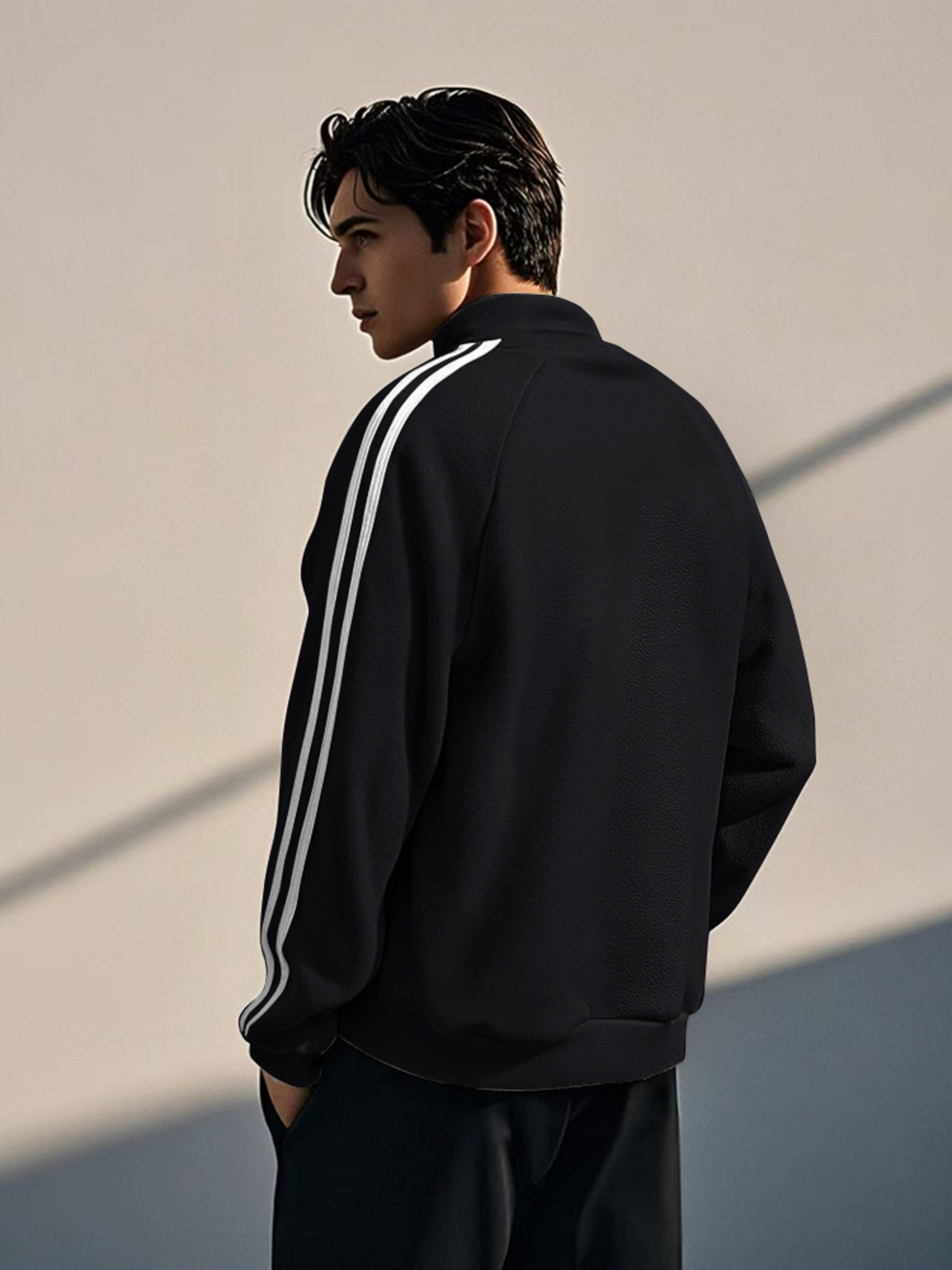 Black Zip-Up Fleece Jacket with Side Stripes