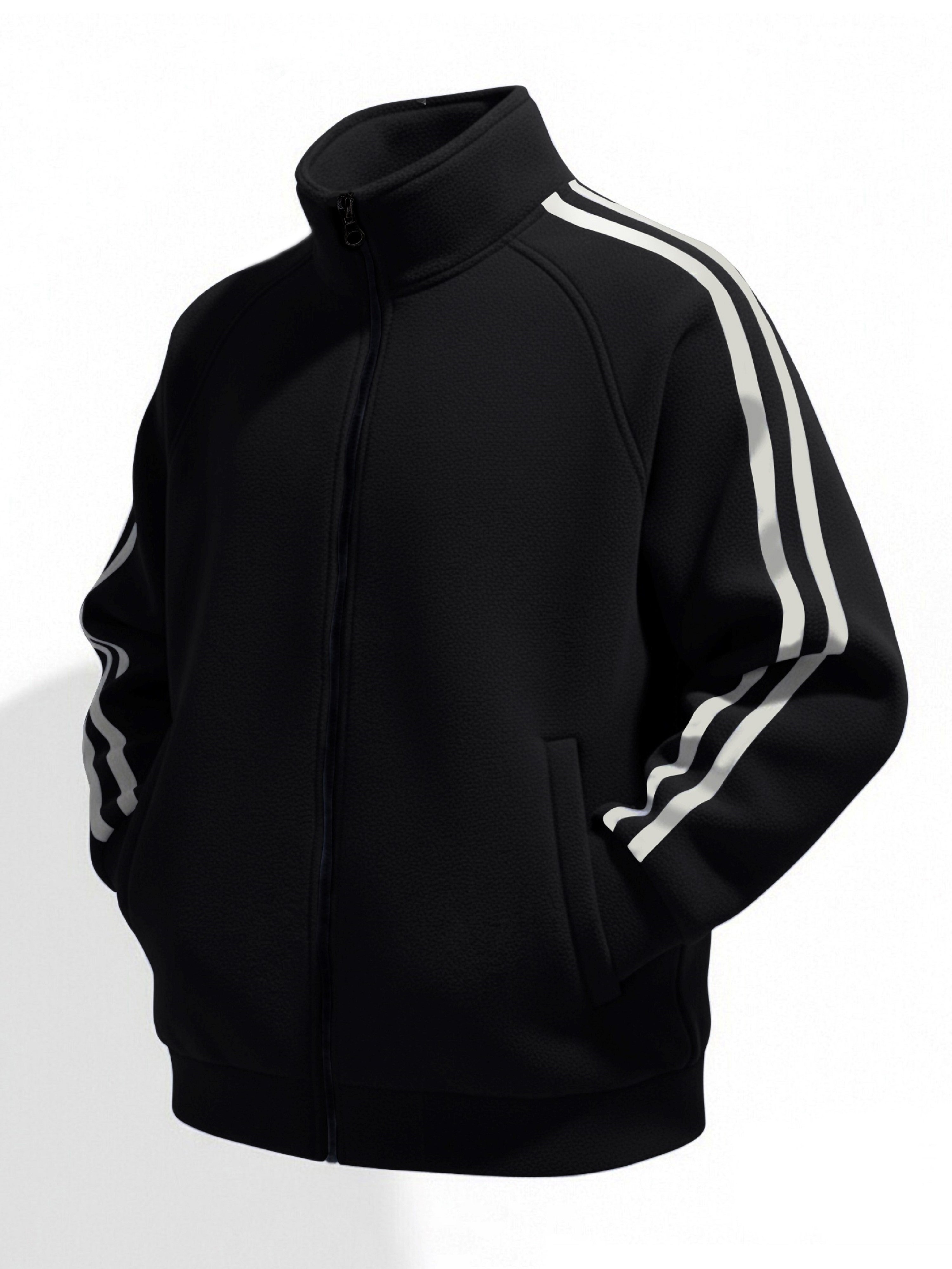 Black Zip-Up Fleece Jacket with Side Stripes