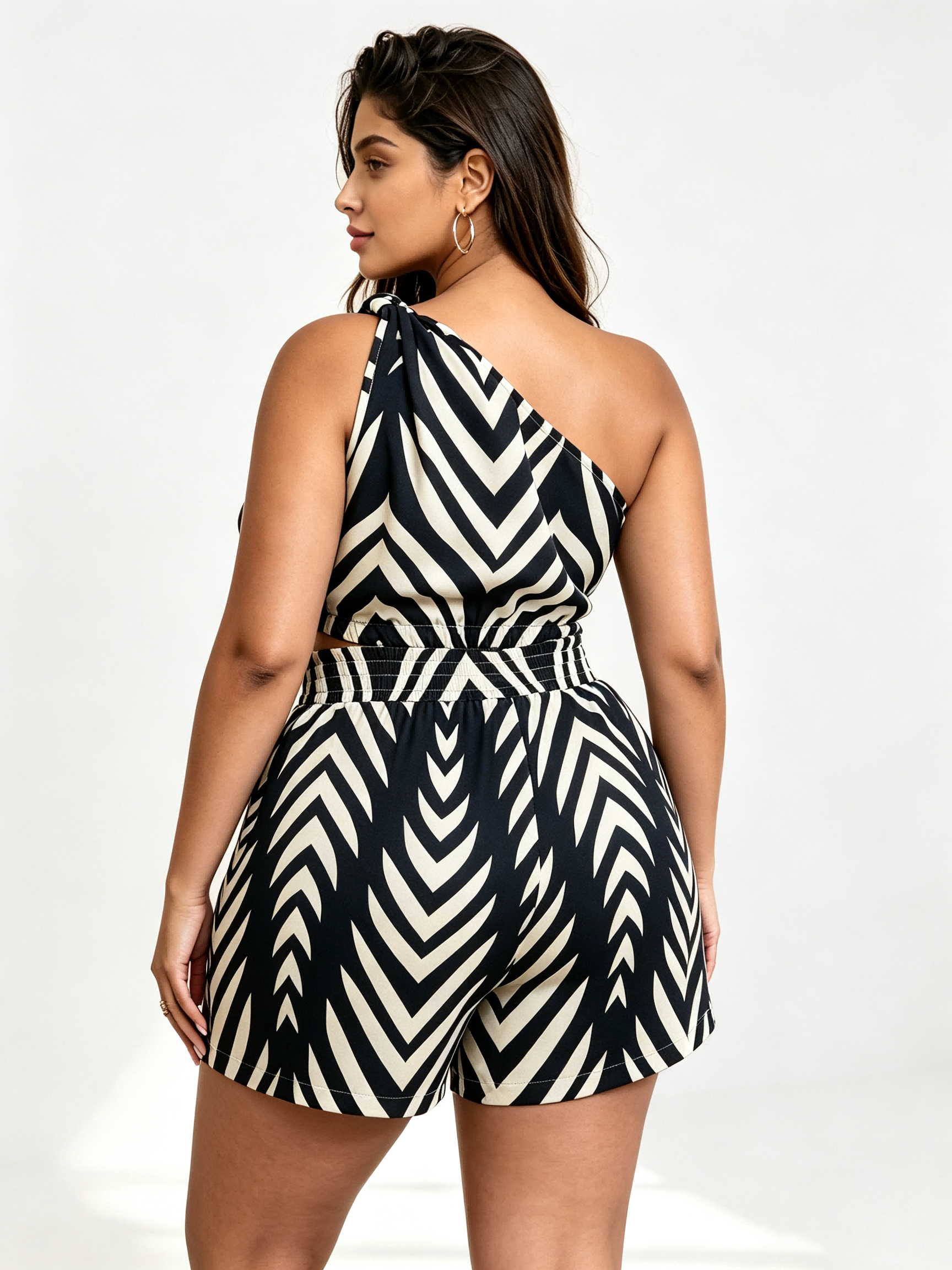 Plus Size One-Shoulder Zebra Print Top and Shorts Set