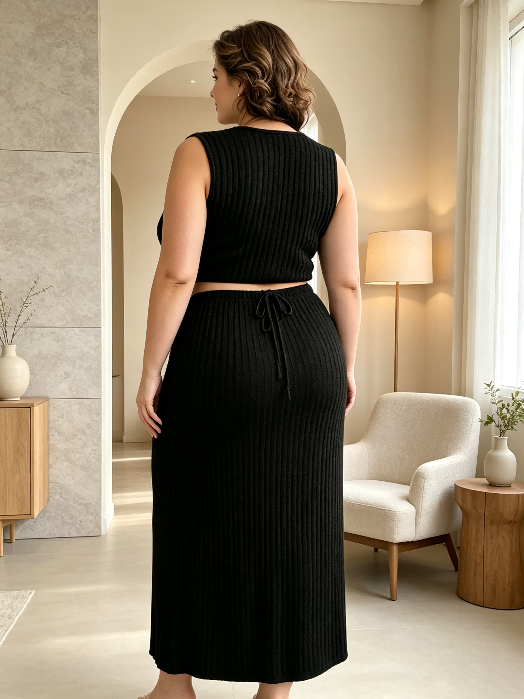 Plus Size Black Ribbed Knit Sleeveless Top and Midi Skirt Set