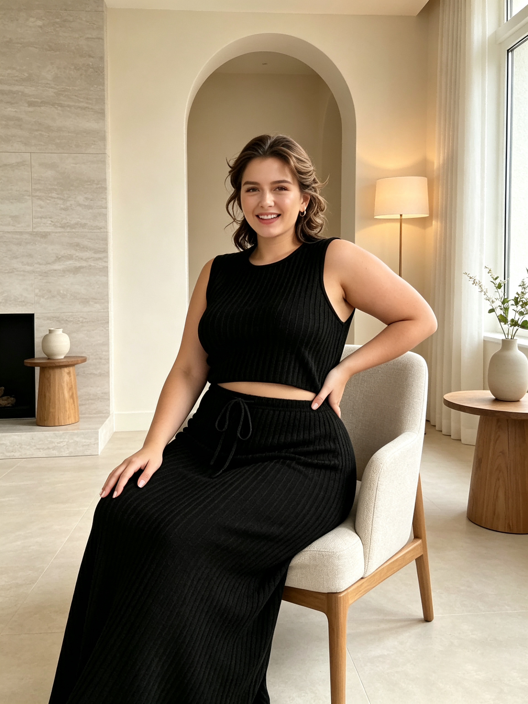 Plus Size Black Ribbed Knit Sleeveless Top and Midi Skirt Set