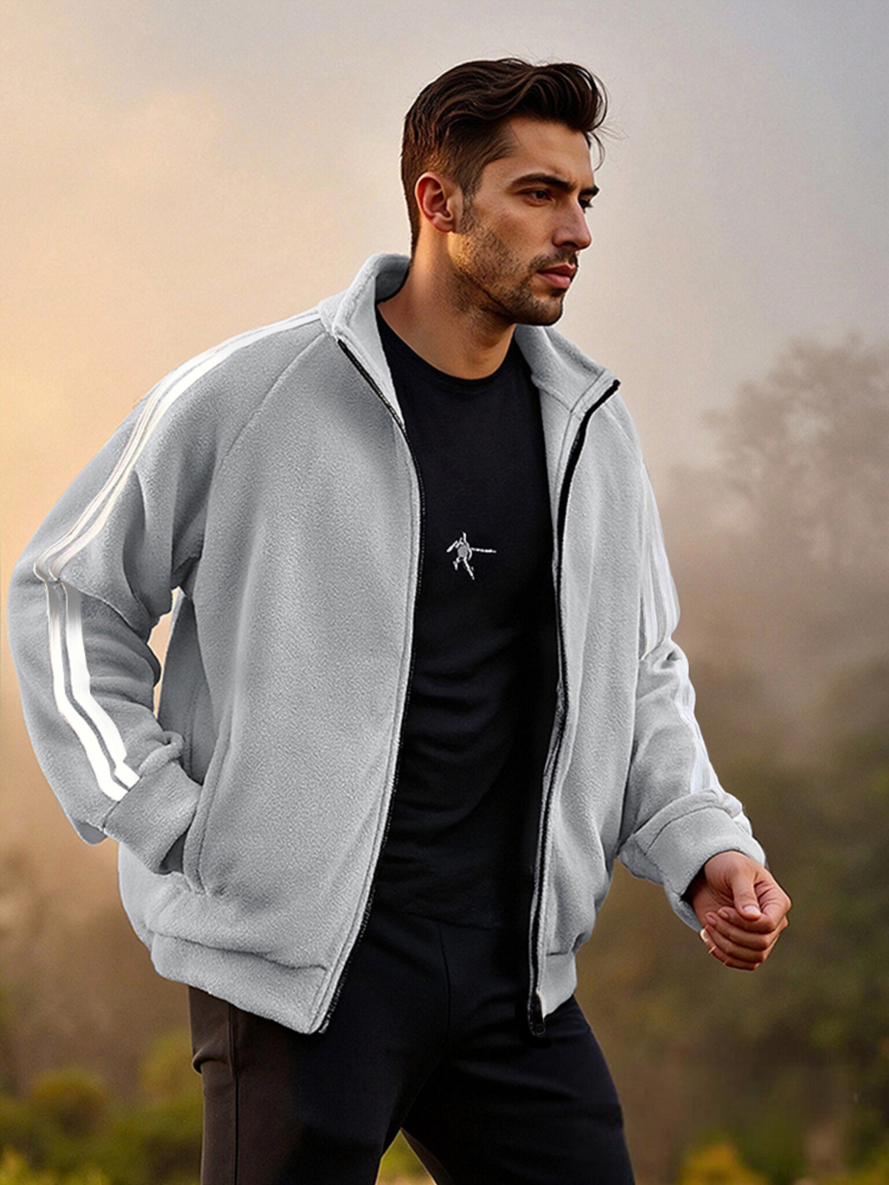 Grey Zip-Up Fleece Jacket with Side Stripes