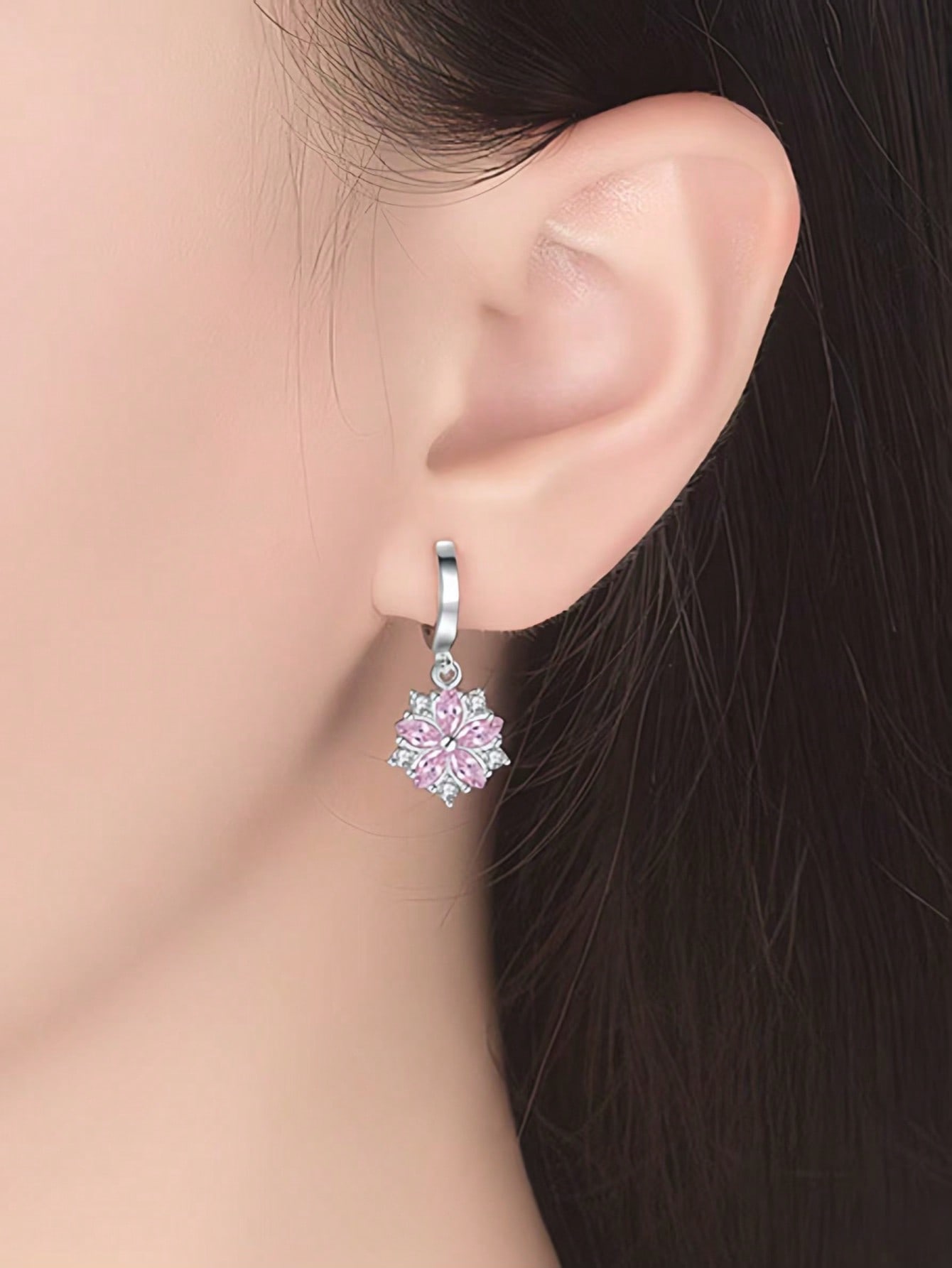 Silver Bloom Pink Zircon Drop Earrings