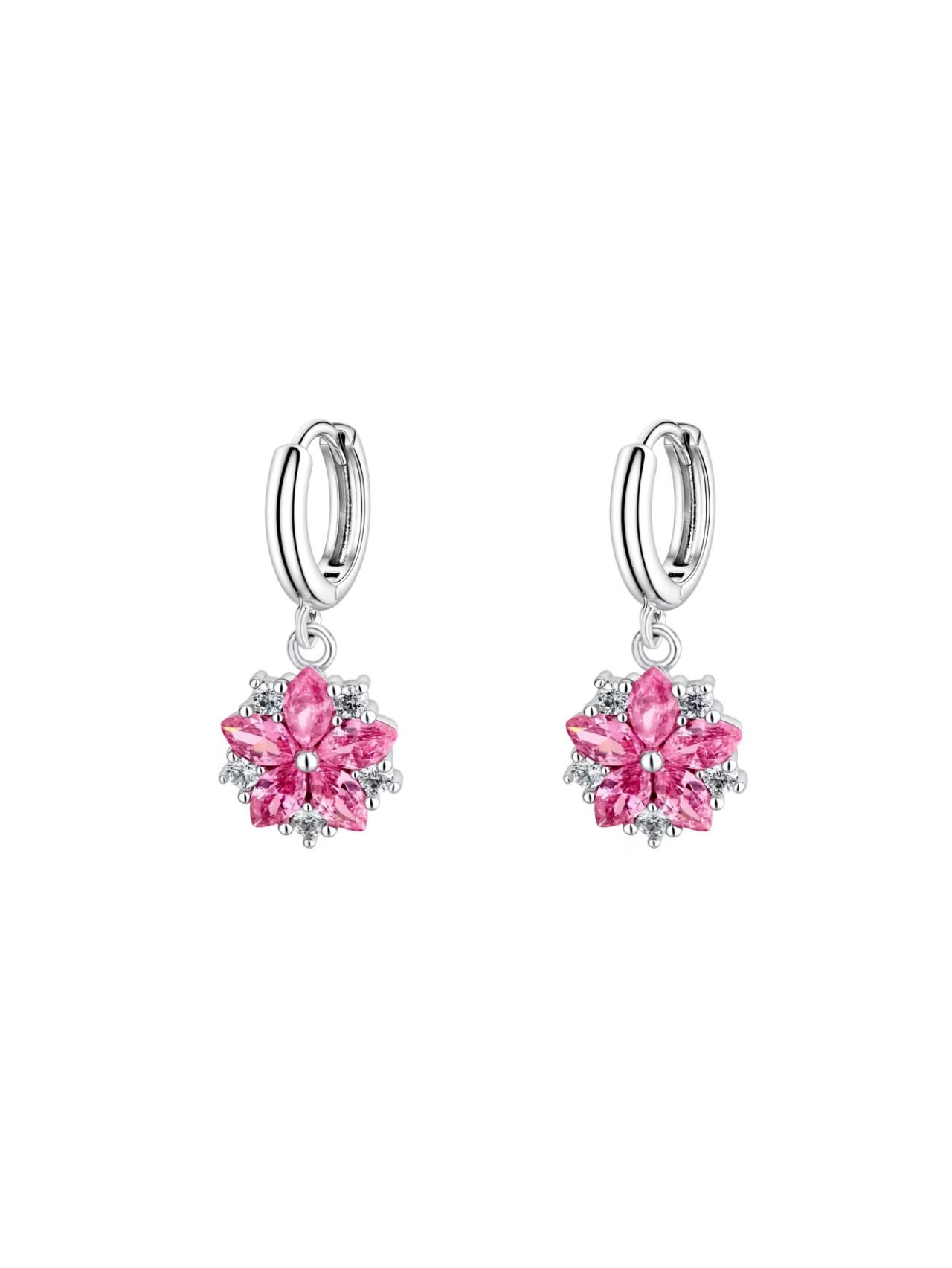 Silver Bloom Pink Zircon Drop Earrings