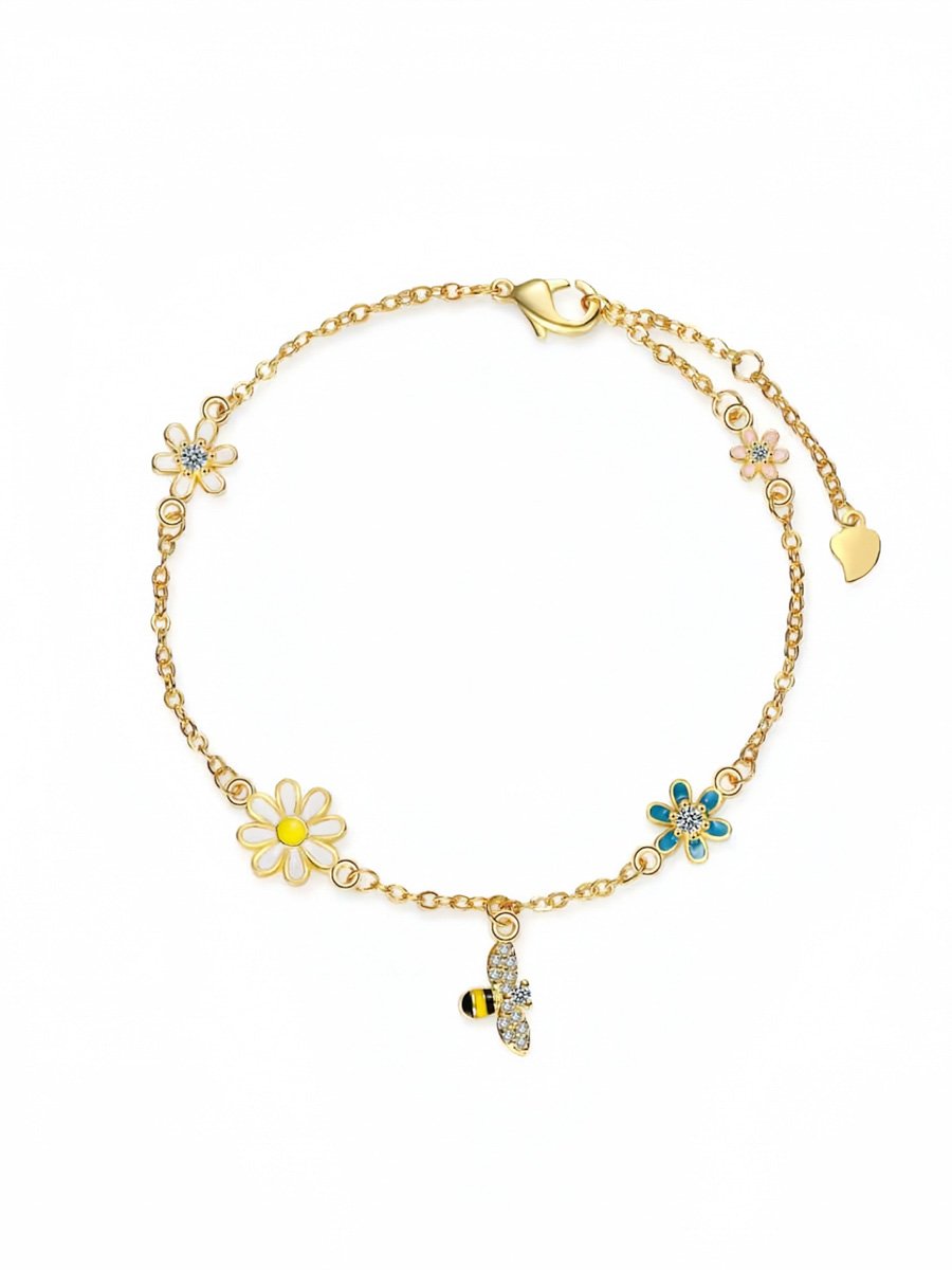 Gold Daisy and Bee Charm Bracelet