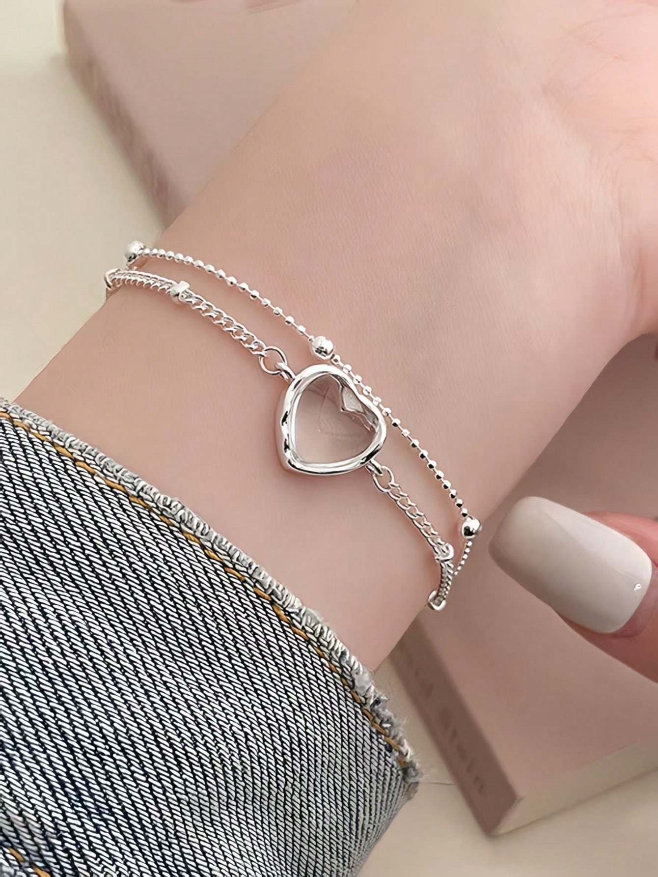 Silver Multistrand Heart Charm Bracelet