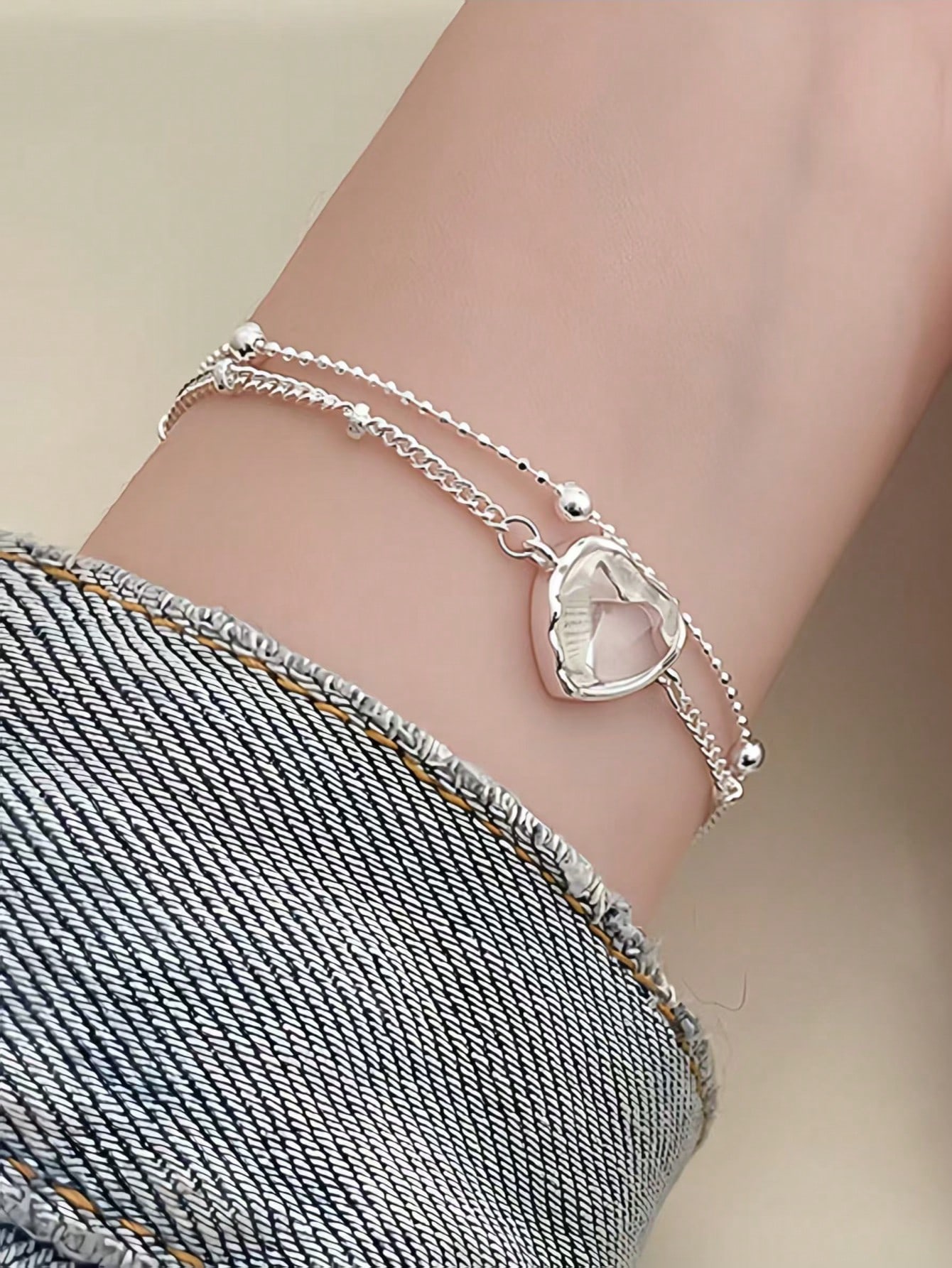 Silver Multistrand Heart Charm Bracelet