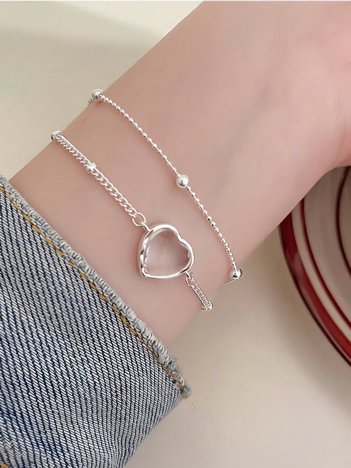 Silver Multistrand Heart Charm Bracelet