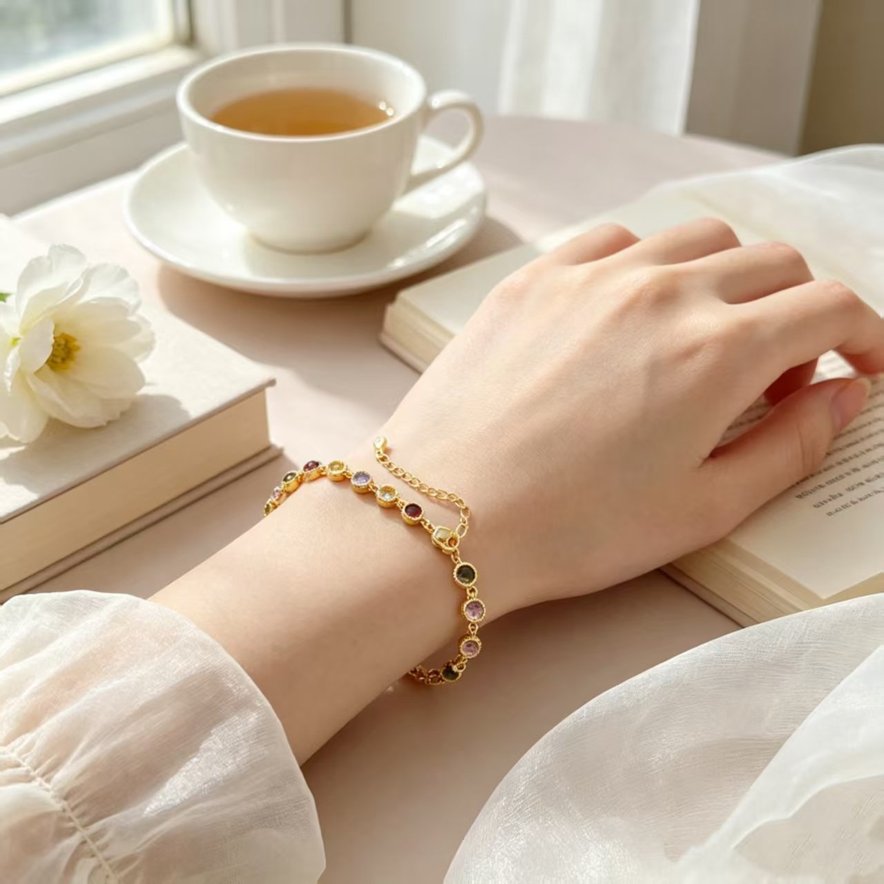 Gold-Plated Multi-Gemstone Link Bracelet