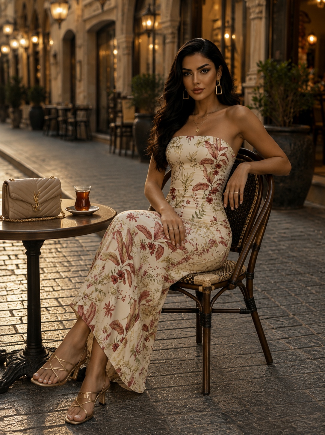 Beige Floral Strapless Maxi Dress
