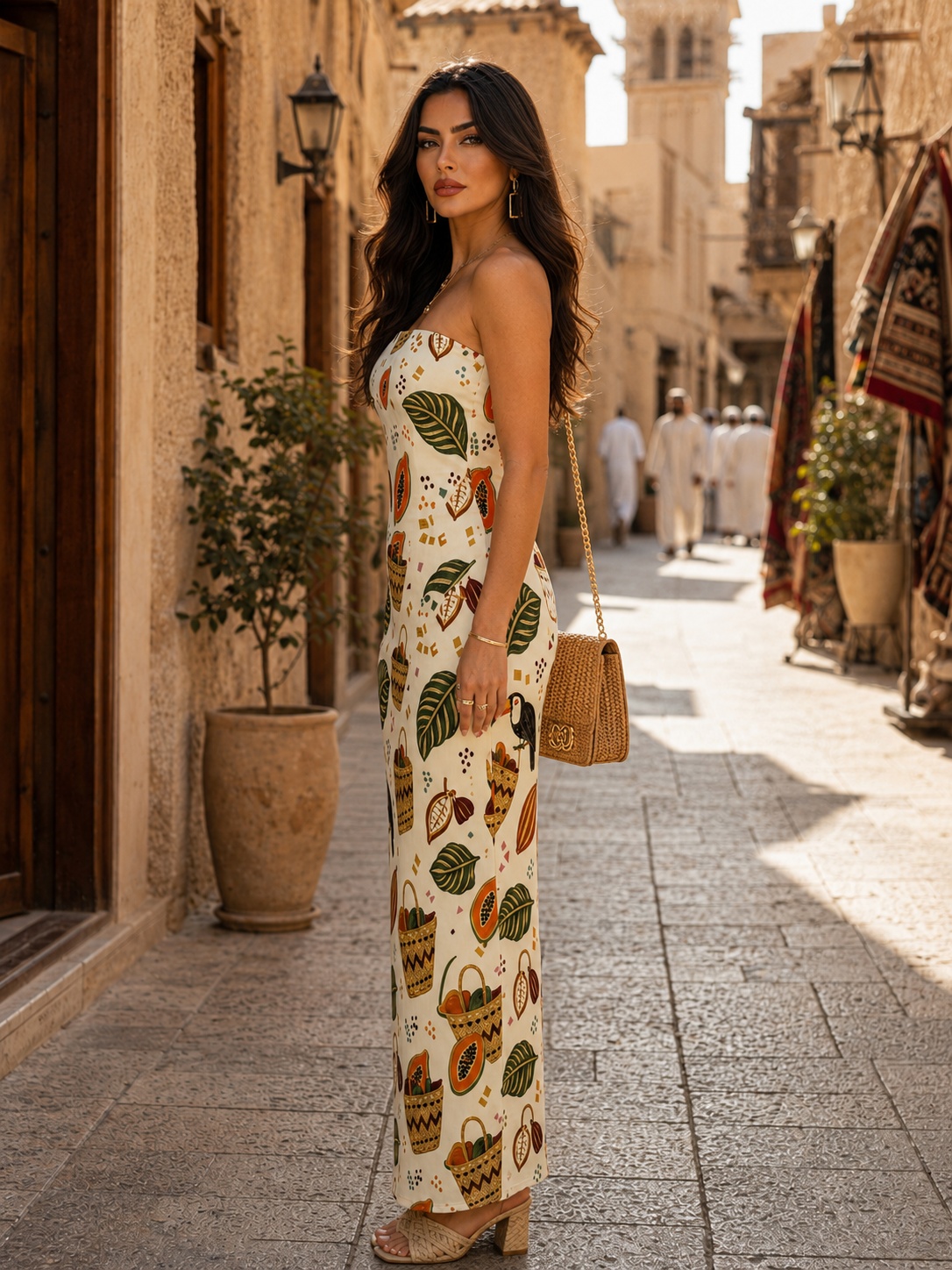 Tropical Print Sleeveless A-Line Maxi Dress