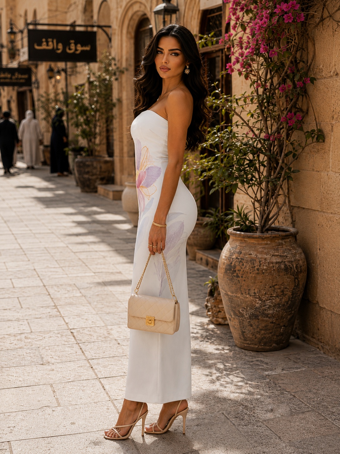 White Strapless Floral Maxi Dress