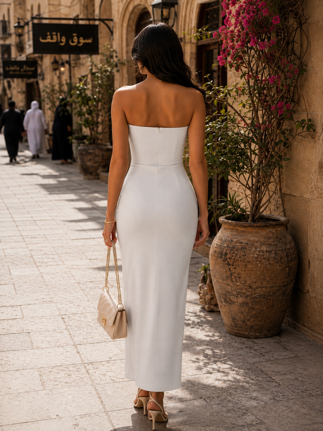 White Strapless Floral Maxi Dress