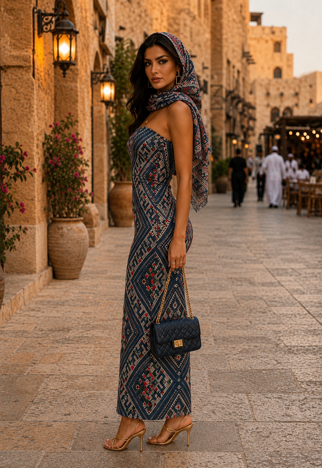 Navy Blue Strapless Maxi Dress with Geometric Embroidery