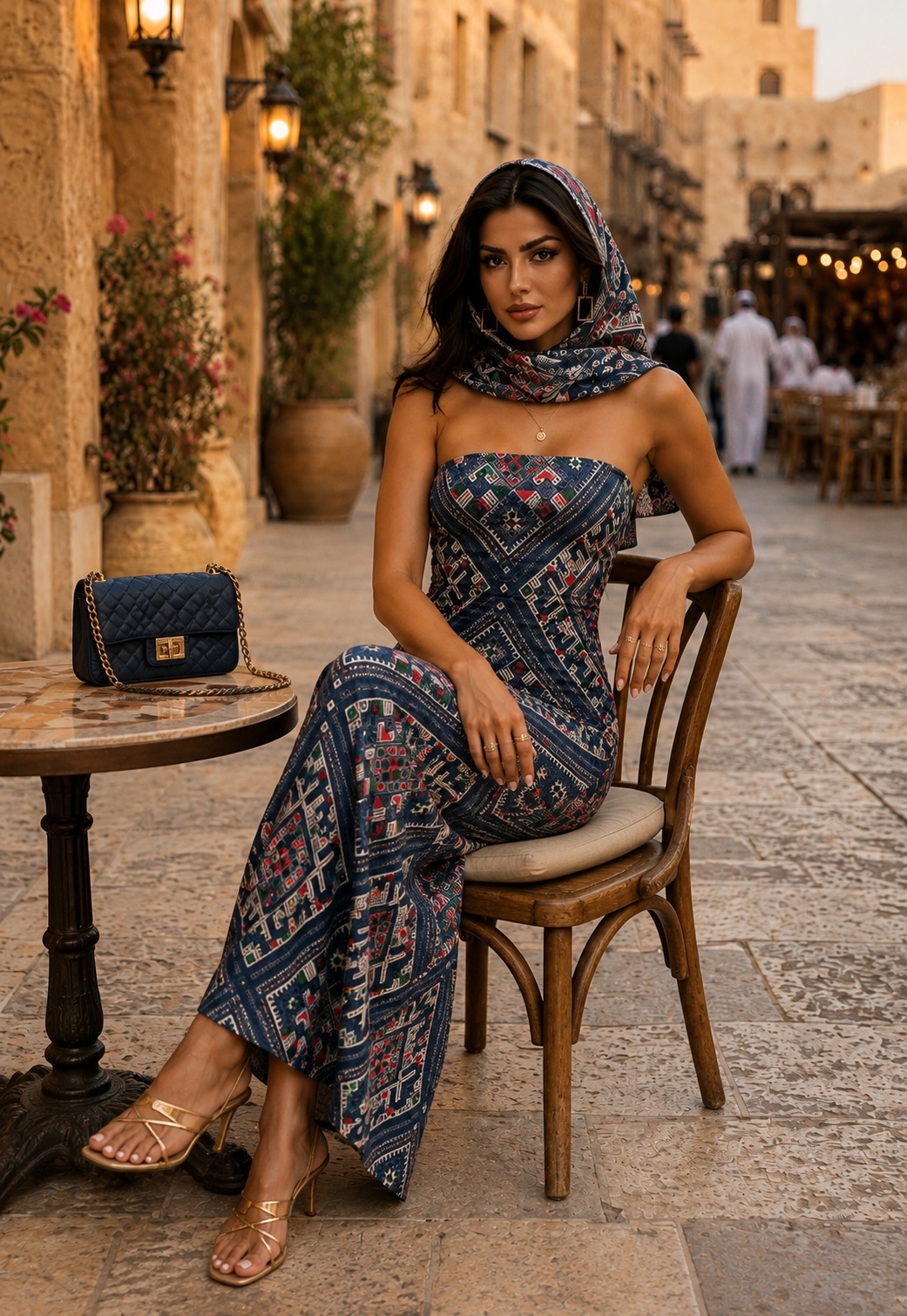 Navy Blue Strapless Maxi Dress with Geometric Embroidery