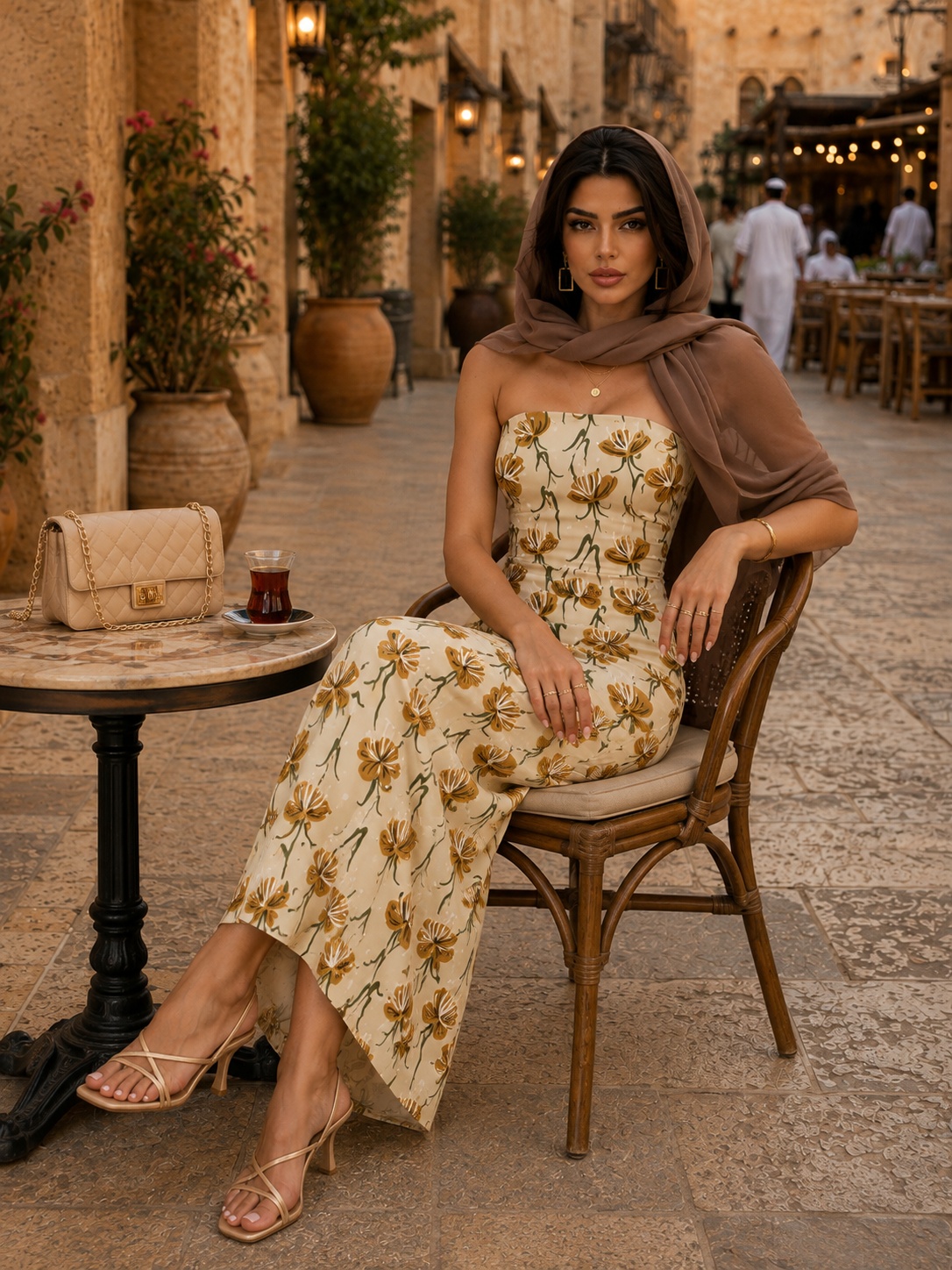 Beige Floral Strapless Maxi Dress