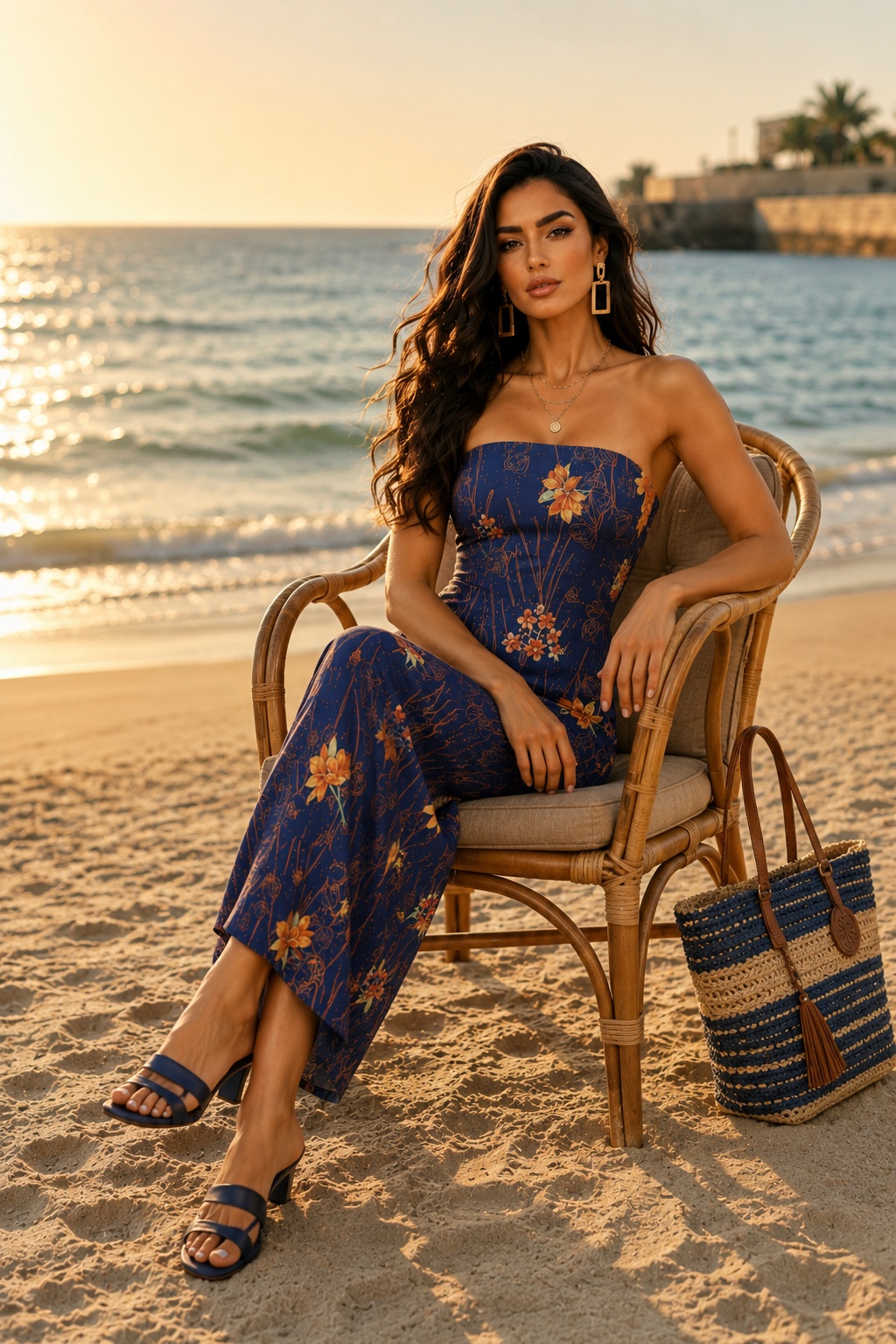 Navy Blue Floral Strapless Maxi Dress