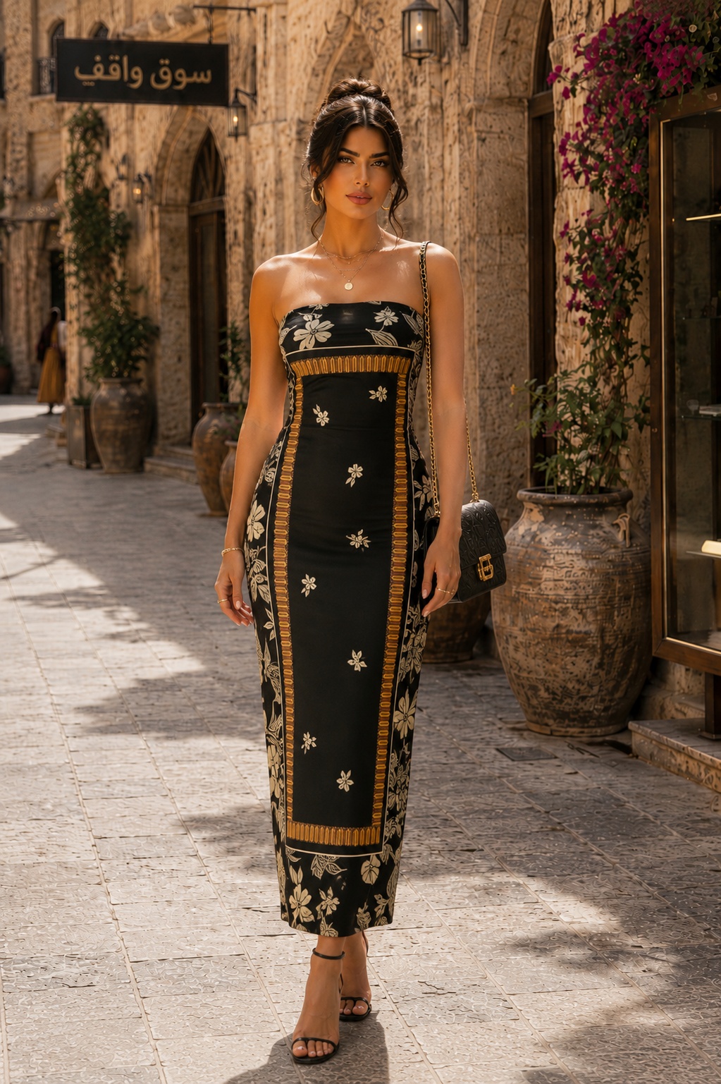 Black Floral Strapless Maxi Dress