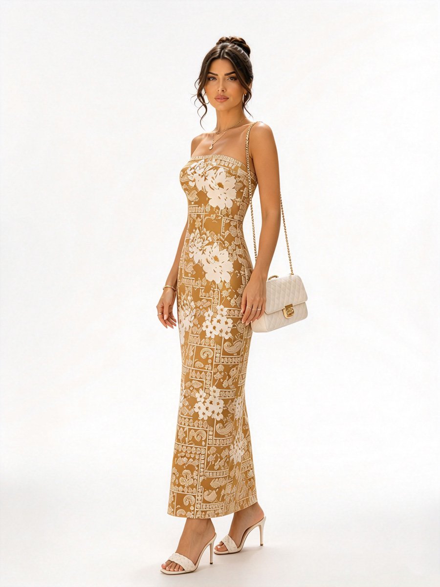 Tan Floral Strapless Maxi Dress