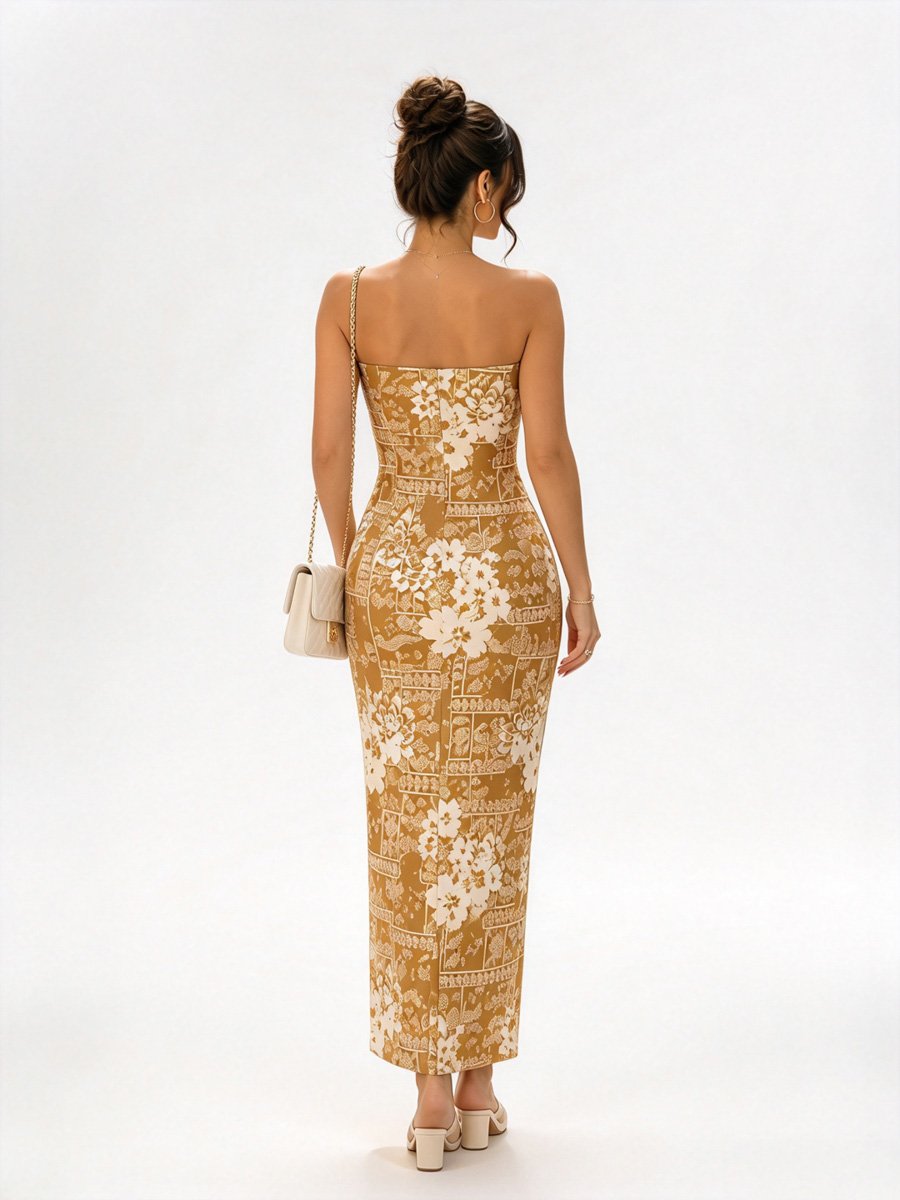 Tan Floral Strapless Maxi Dress