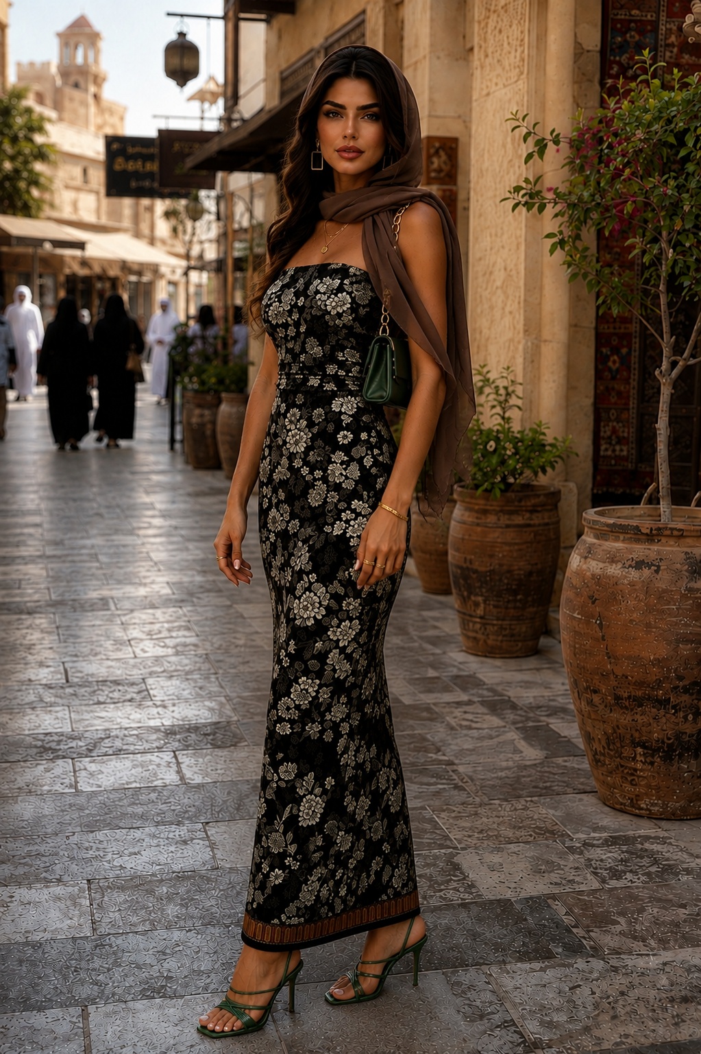 Black Floral Strapless Maxi Dress