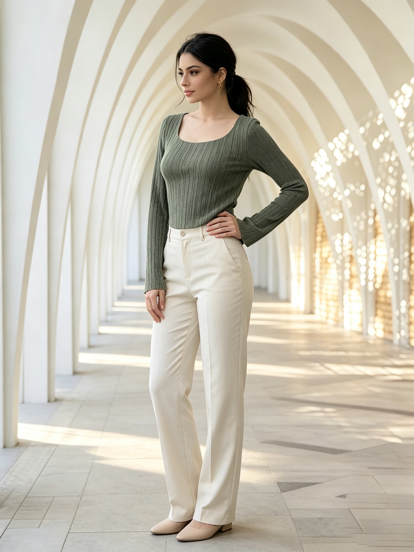 Green Ribbed Square Neck Long Sleeve Top