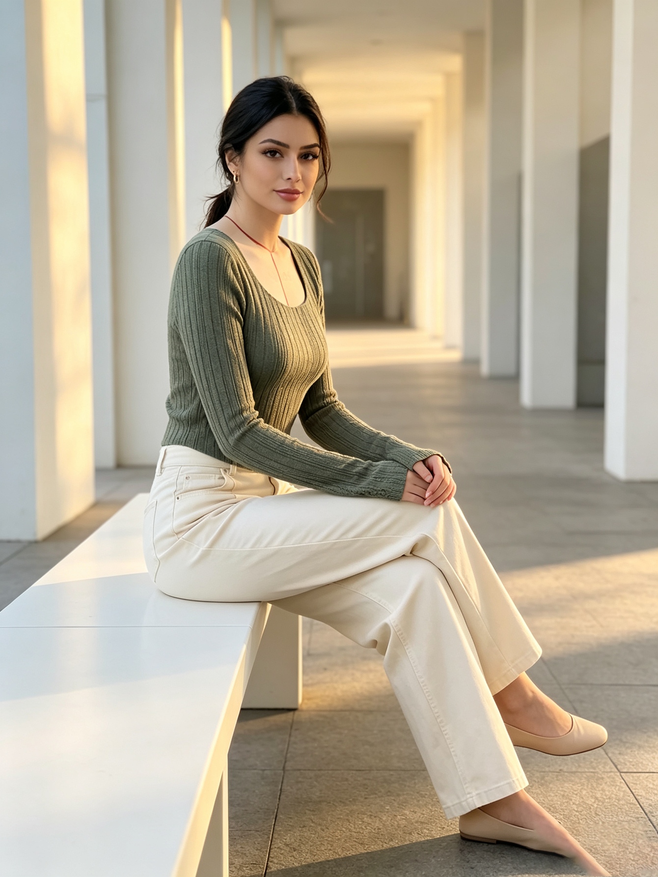 Green Ribbed Square Neck Long Sleeve Top