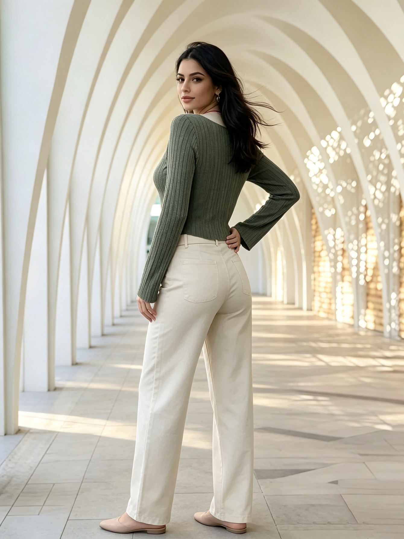 Green Ribbed Square Neck Long Sleeve Top
