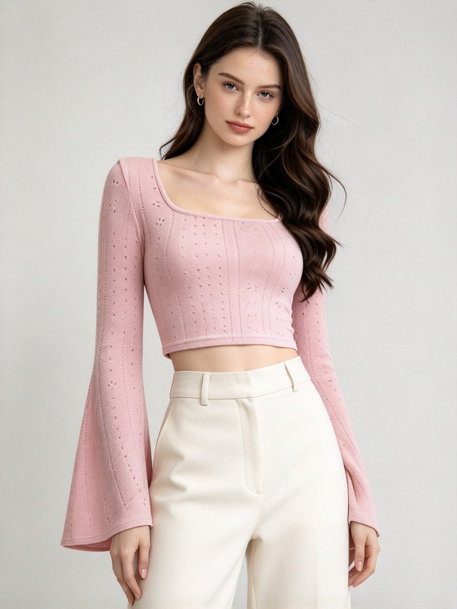 Light Pink Eyelet Knit Crop Top with Bell Sleeves